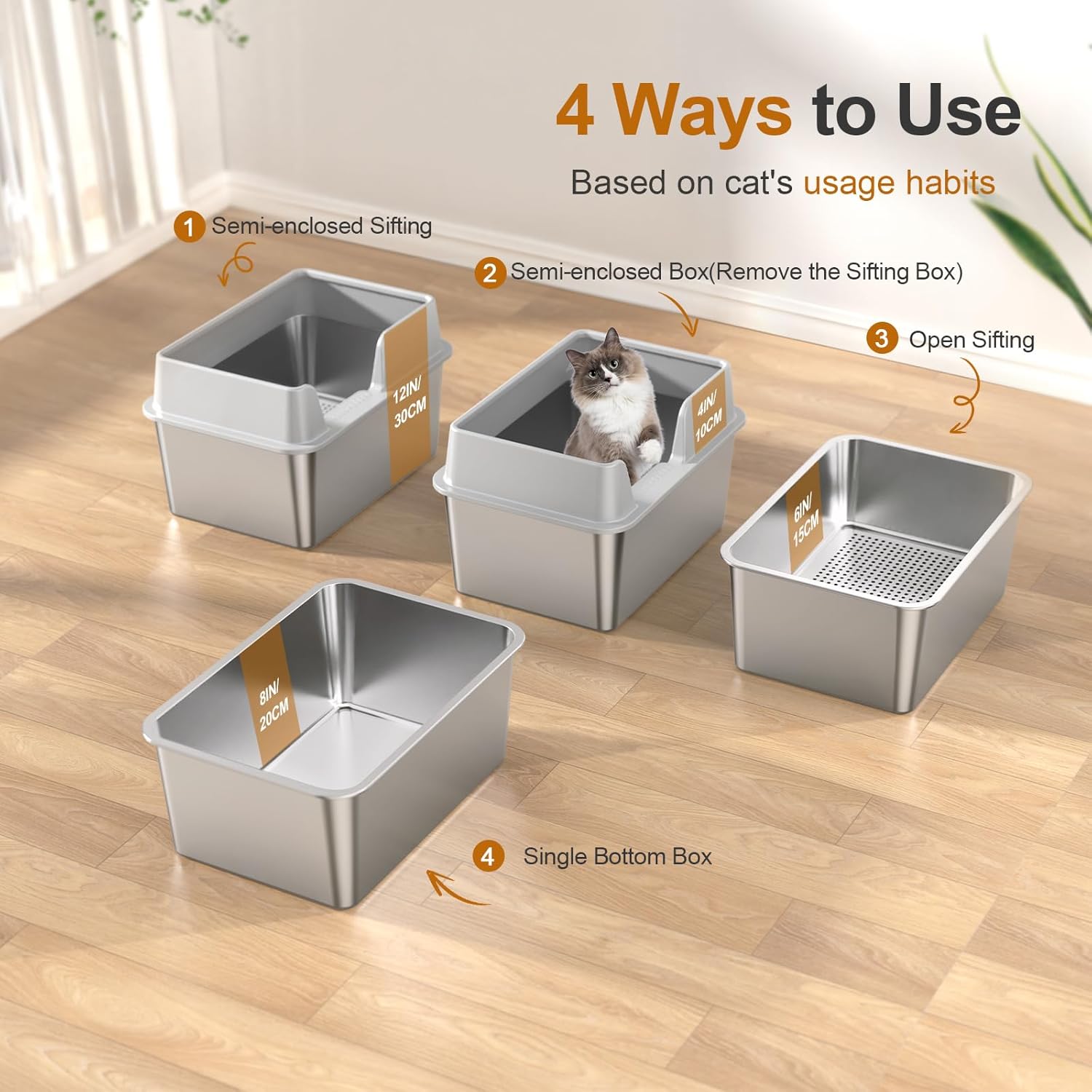 Diagram showing four different ways to configure the Zuqqony cat litter box: semi-enclosed sifting, semi-enclosed without sifting, open sifting, and single bottom box.