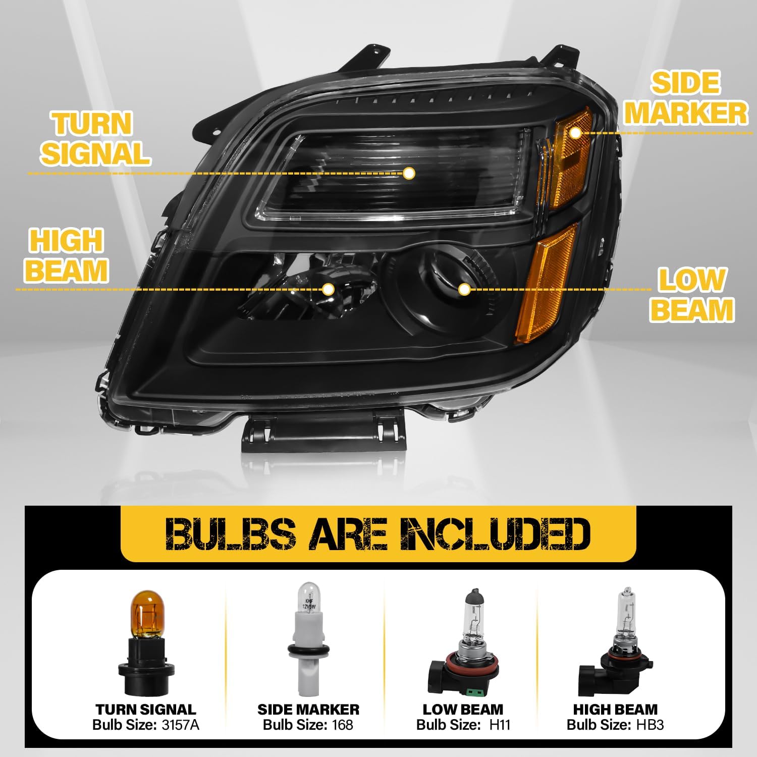 Headlight Assembly with Bulbs Compatible with GMC Terrain 2010 2011 2012 2013 2014 2015, Halogen Headlamp Replacement for 84791974 84791975, Left and Right Side, Black Housing Amber Reflector
