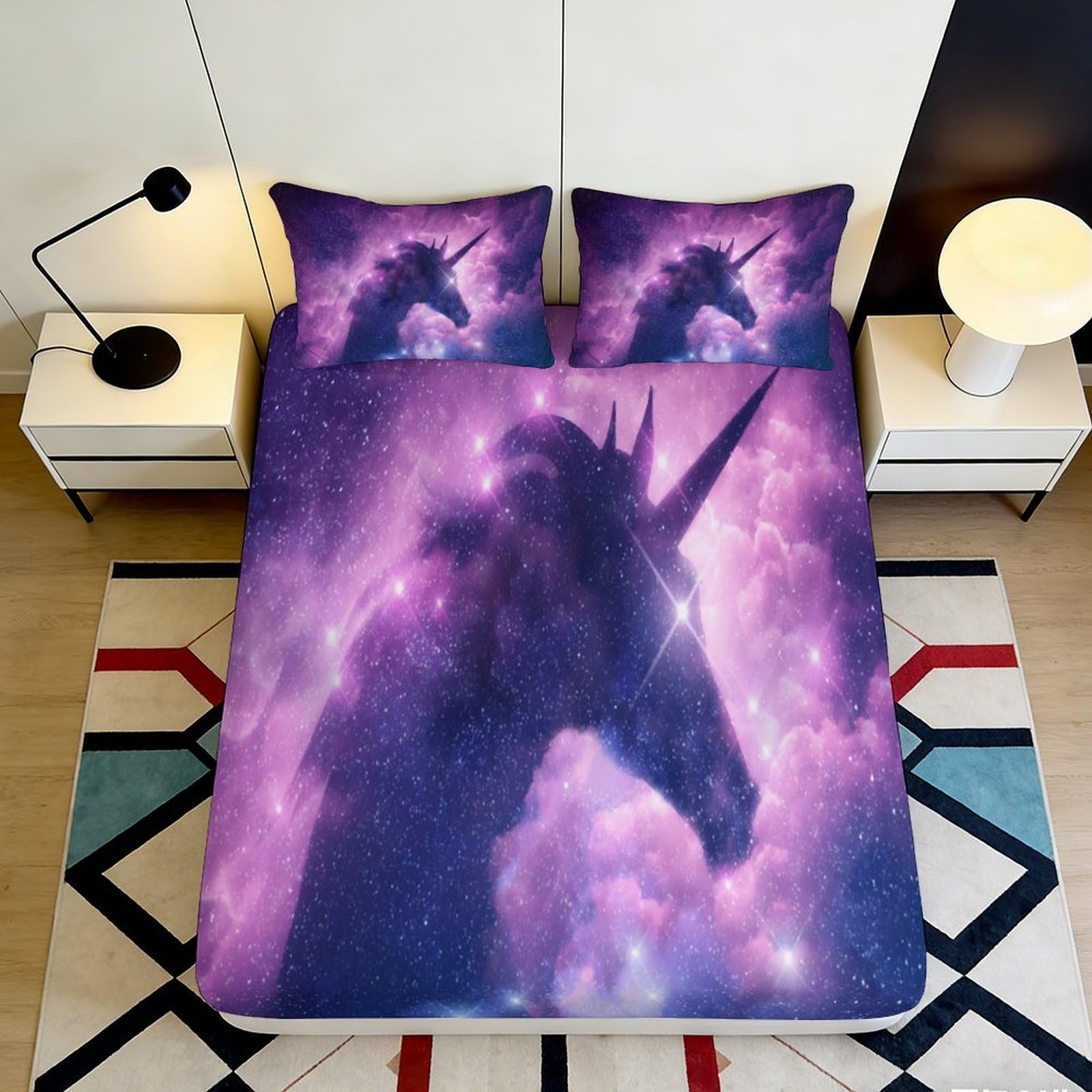 3D Printed Fantasy Unicorn Fitted Sheet Microfiber Deep Pocket Non-Slip Bedroom Bedding Fantasy Unicorn Mattress Fitted Cover Washable 180x200x25cm