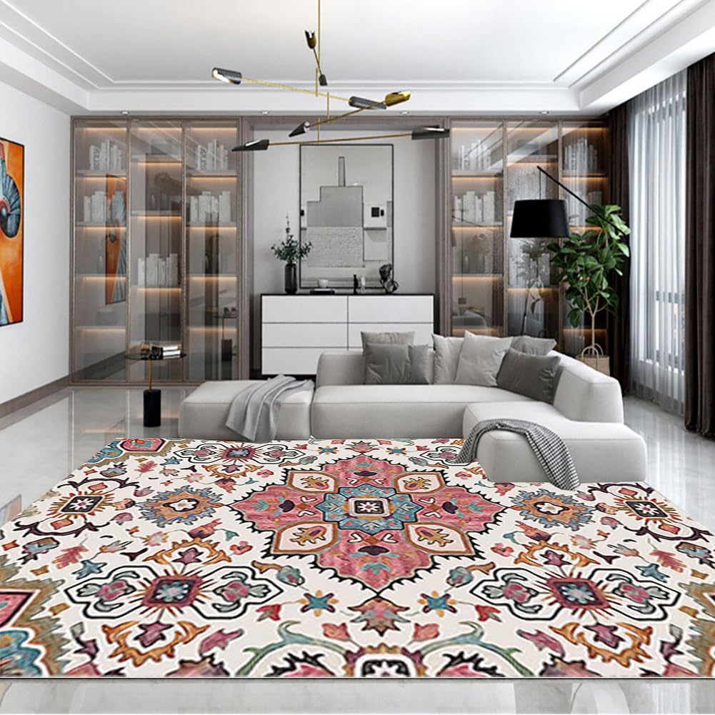 Tapis de salon lavable et antidérapant grand format vintage rose moelleux