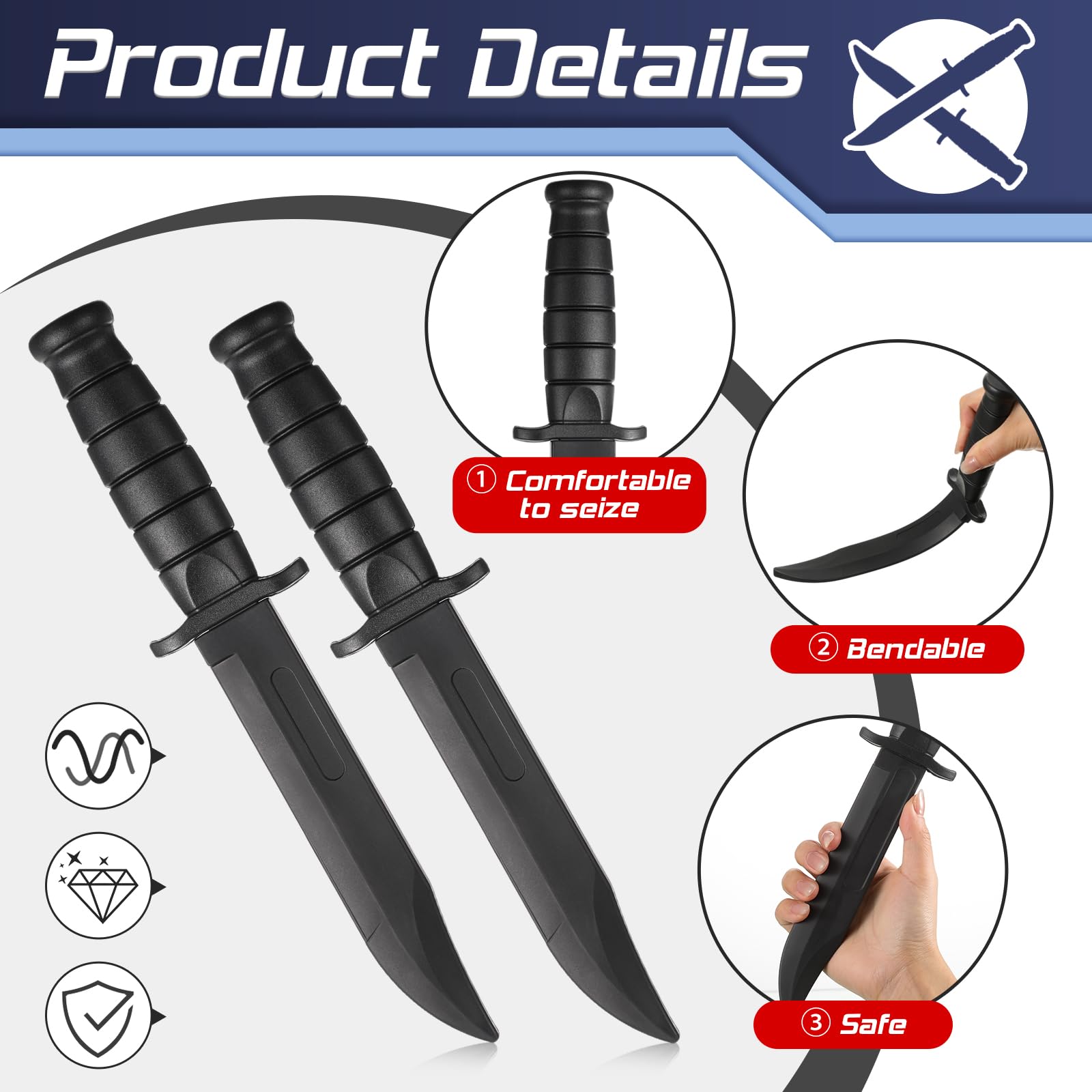 Aoriher 2 Stück Gefälschte Weiche Gummi Messer Schwarze Militärische TPR Sicherheit Selbstverteidigung Klassische Kampfsport Realistisches Aussehen und Gefühl