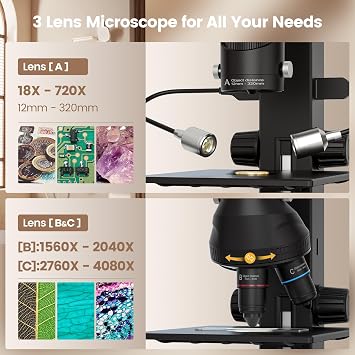 JL246PS 3 Lens 4000X HDMI Digital Microscope with 7'' IPS Screen