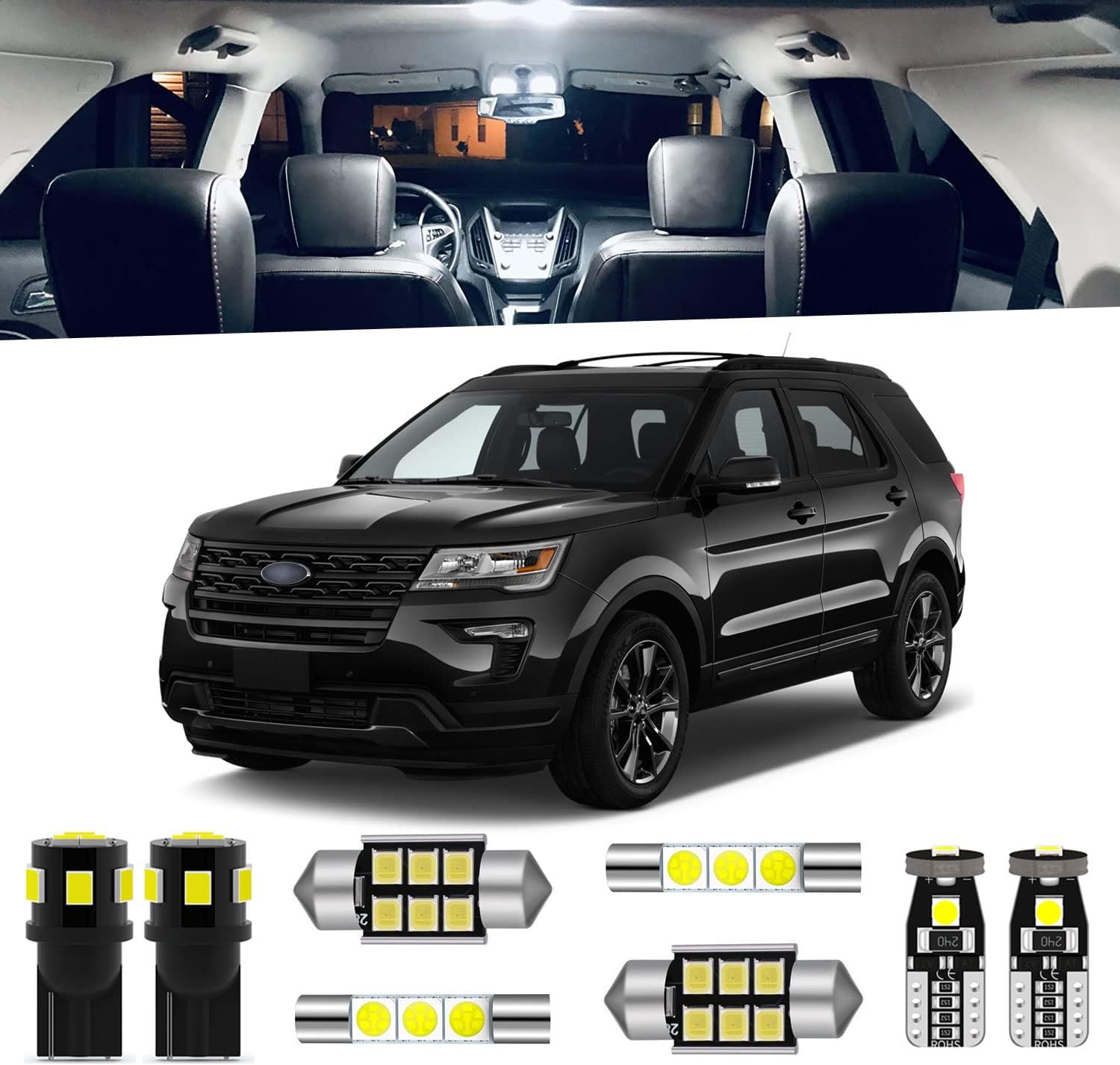 11-Pieces Explorer LED Interior Light Kit for Ford Explorer 2011 2012 2013 2014 2015 2016 2017 2018 2019 2020 White 6000K Interior LED Lighting Package + License Plate Lights, Install Tool