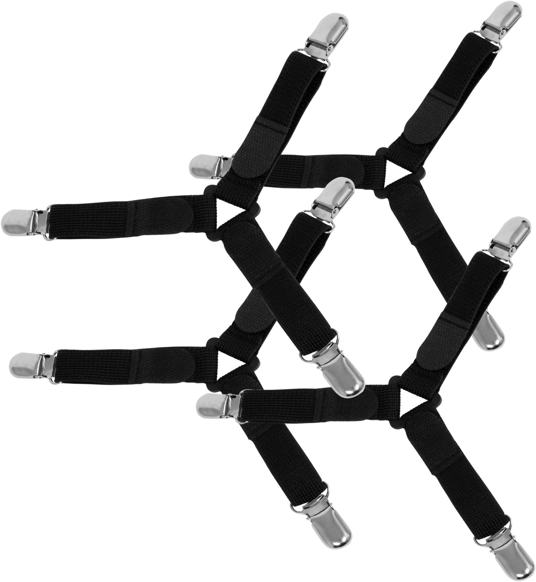 CoZroom Triangle Bed Sheet Straps Set with Metal Clips - Bed Sheet Clip Holder-Hold Bed Sheet in Place (Set of 4), Black