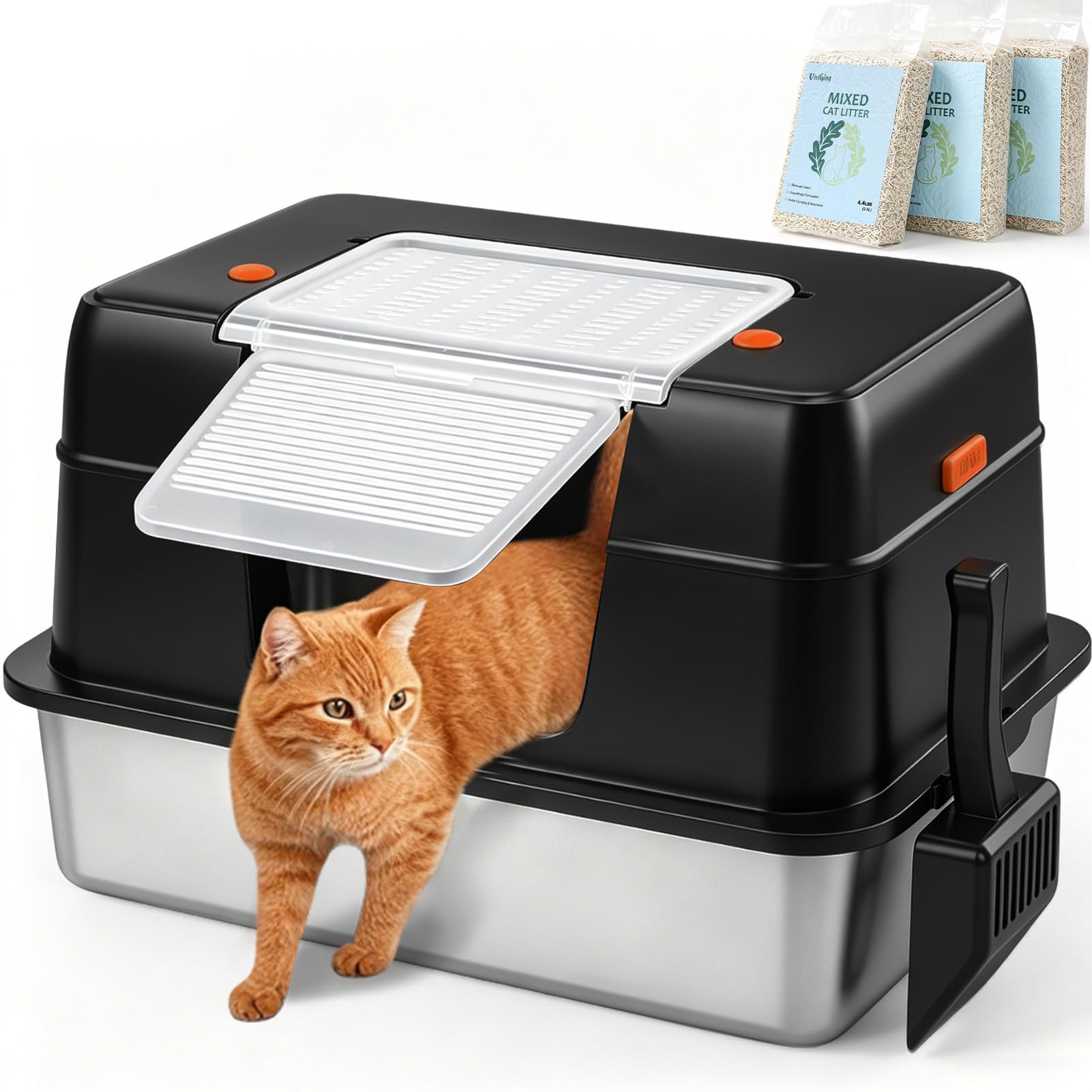 Vivifying XL Edelstahl Katzentoilette mit 6kg Katzenstreu, Schwarz