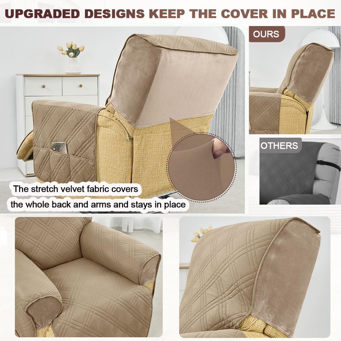 Waterproof Recliner Chair Covers Stay in Place Reclining Chair Cover with Pockets Non Slip Chair Slipcover for Recliners Washable Reclining Chair Protector for Kids Pets Khaki