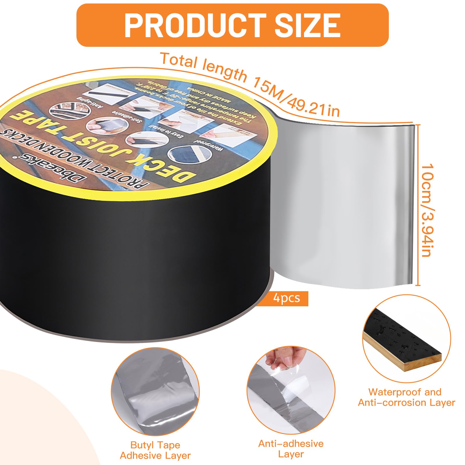 DBREAKS Cinta de protección de madera para cubierta, Cinta butílica para viguetas de exterior, Cinta de reparación de butilo, impermeable y resistente a la corrosión(10 cm x 15 m)