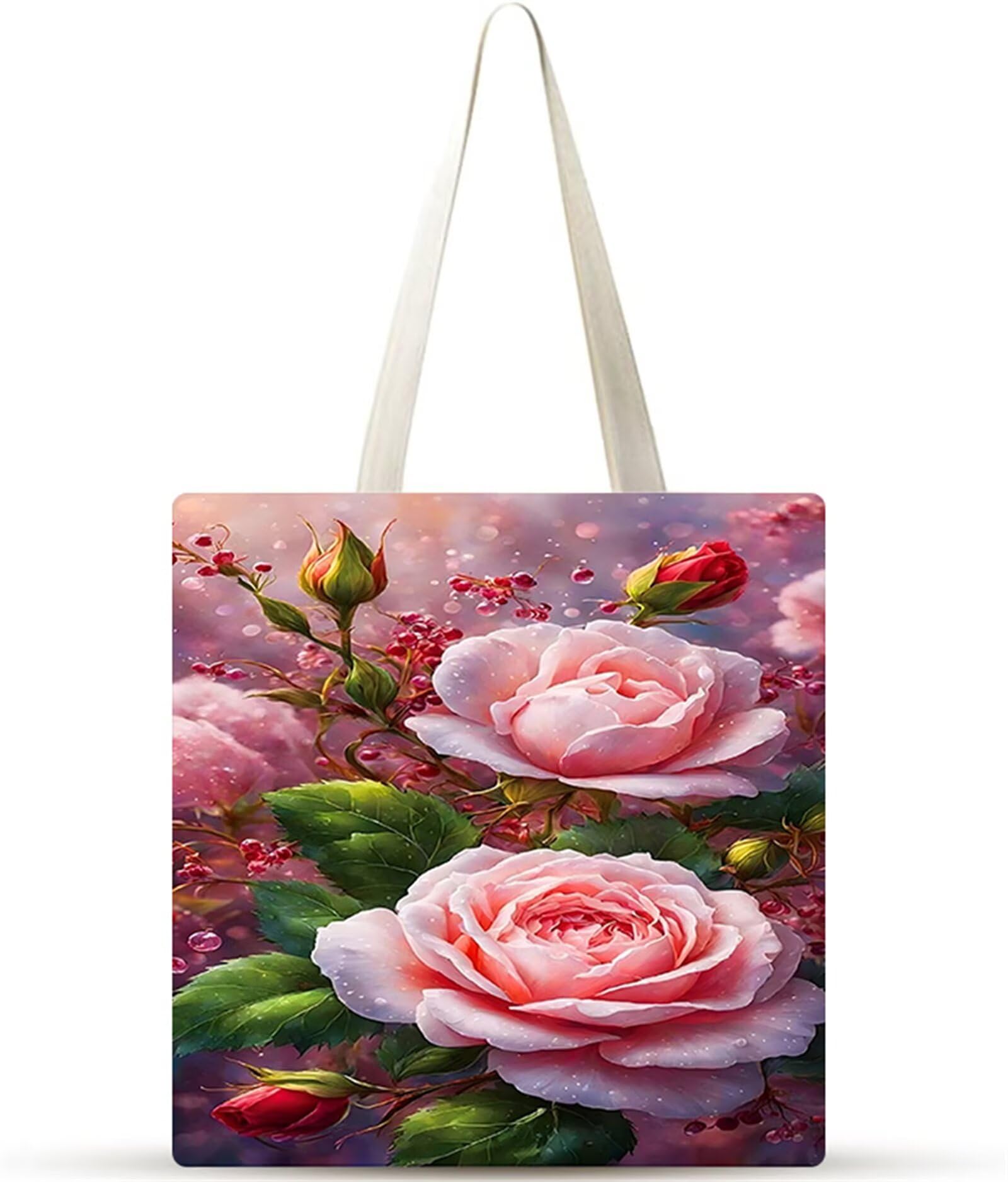 Fiori rosa rosa Borsa Tela,Tote Bag Tela,Borse per la Shopper Lavabili,Senza cerniera Borsa Tela,Canvas Tote Bag da Donna Regali per Shopping,Scuola,Viaggi,Spiaggia