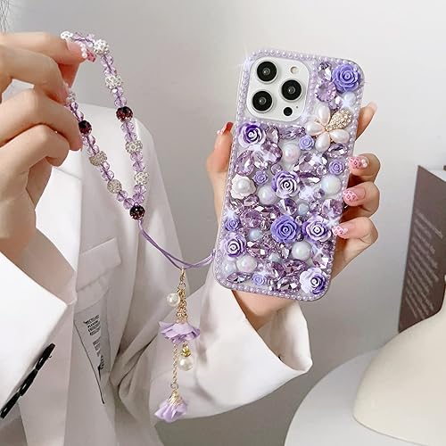Miniatura 4 de Threesee Funda para iPhone 12 Pro Max con diamantes de imitación de flores de cristal de lujo con perlas de diamantes de imitación para mujeres y