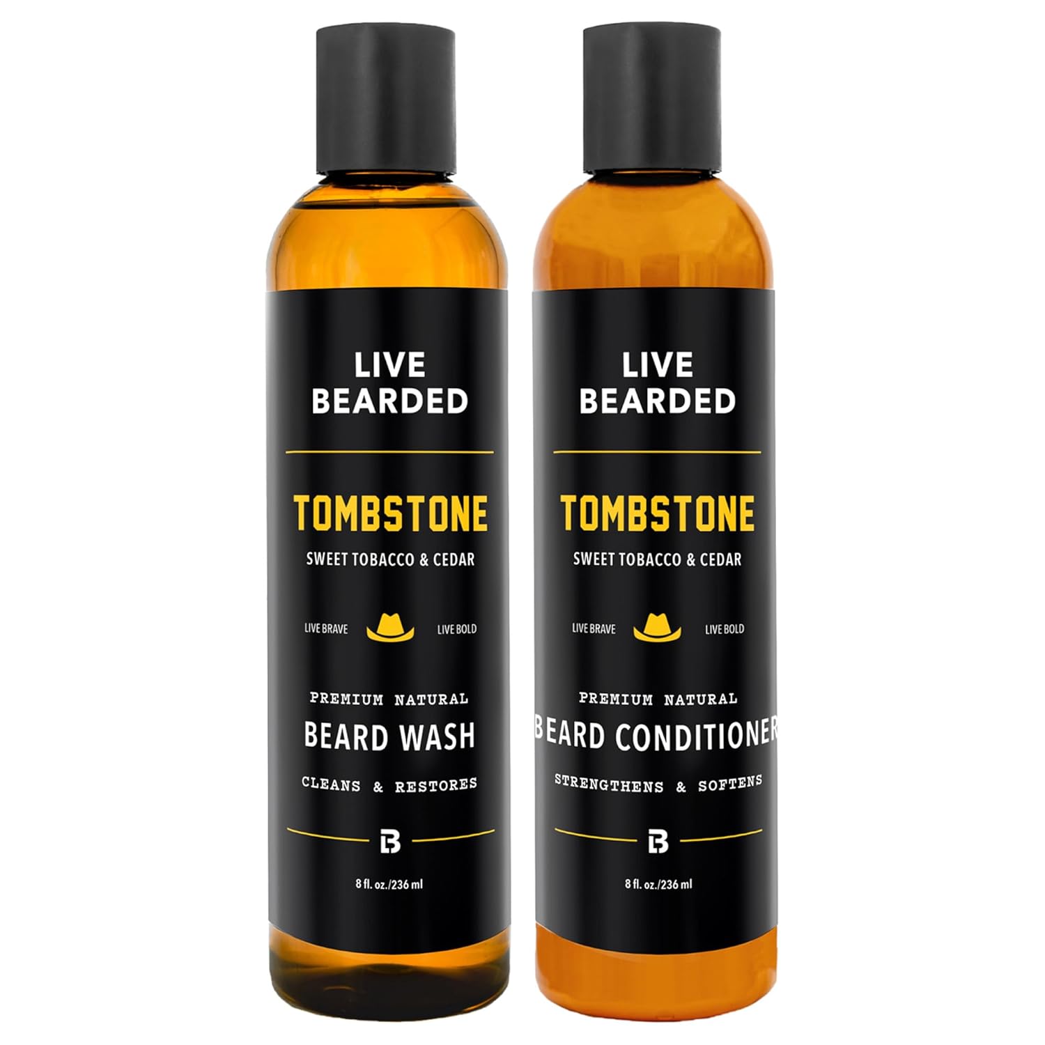 Live Bearded Beard Wash & Conditioner Kit for Men - Deep Cleansing Shampoo and Hydrating Softener, Natural Water-Based Formula, 8 oz | American - Cedar, Vetiver, Bergamot