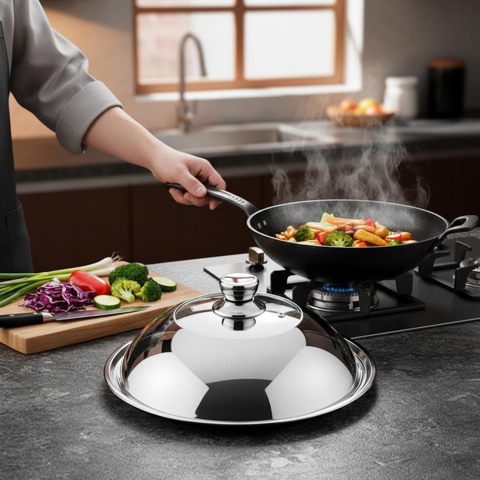 Coperchio in Acciaio Inox Coperchio Universale Antiaderente Coperchio Pentola Manico Resistente Design a Cupola con Finestra Trasparente Adatto per Casa Preparazione Pasti Catering, 38CM