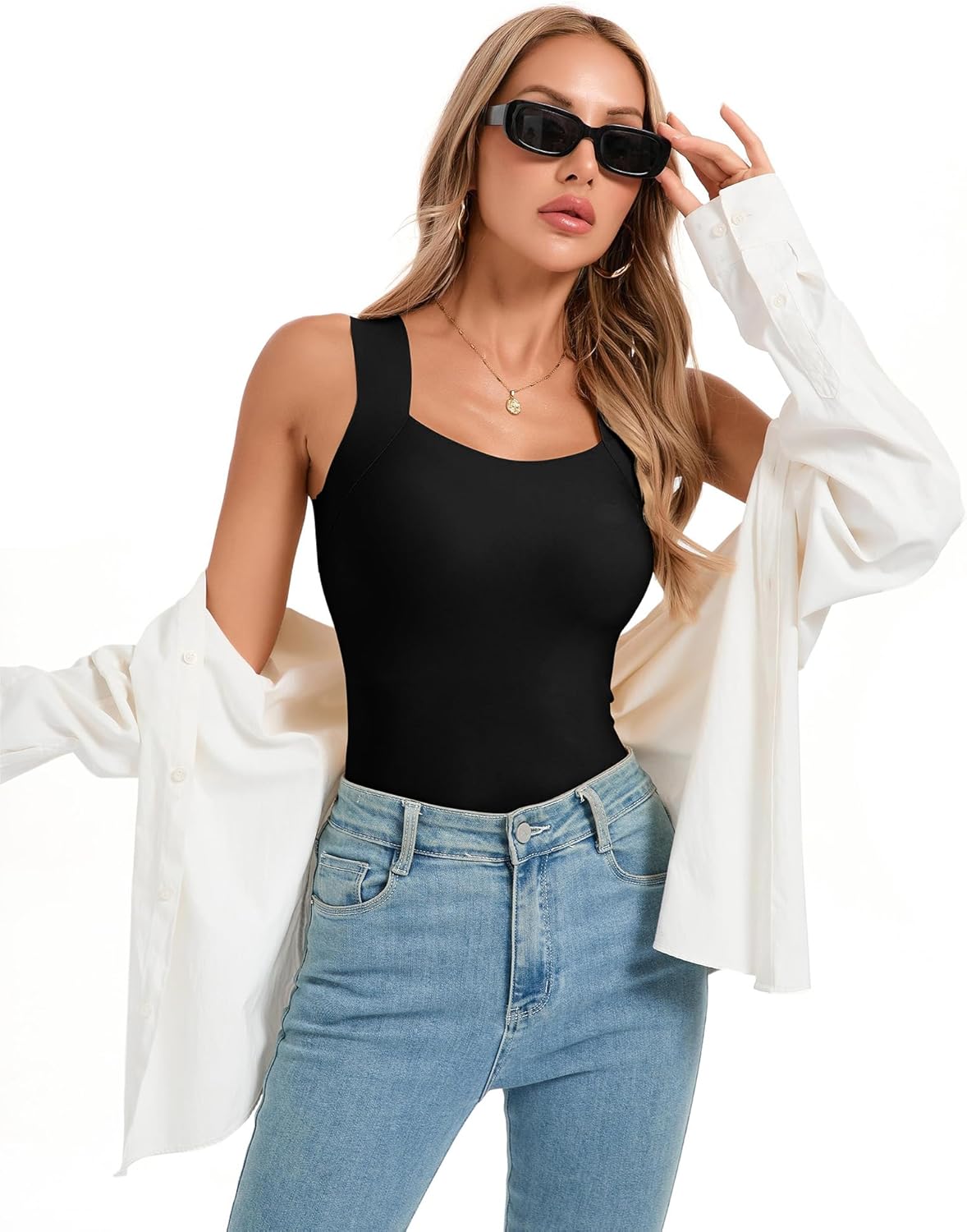 Womens U Neck Shapewear Built-in Bra Tank Top High Strechy Slim Fit Compression Camisole Workout Tops