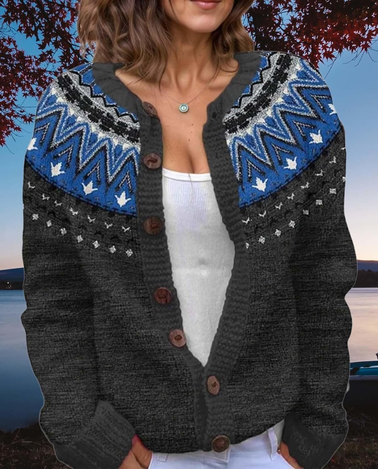 Women's Fair Isle Pattern Knit Cardigan Sweater Vintage Button Down Open Front Jacket Coat for Fall & Winter 2025 - Image 6