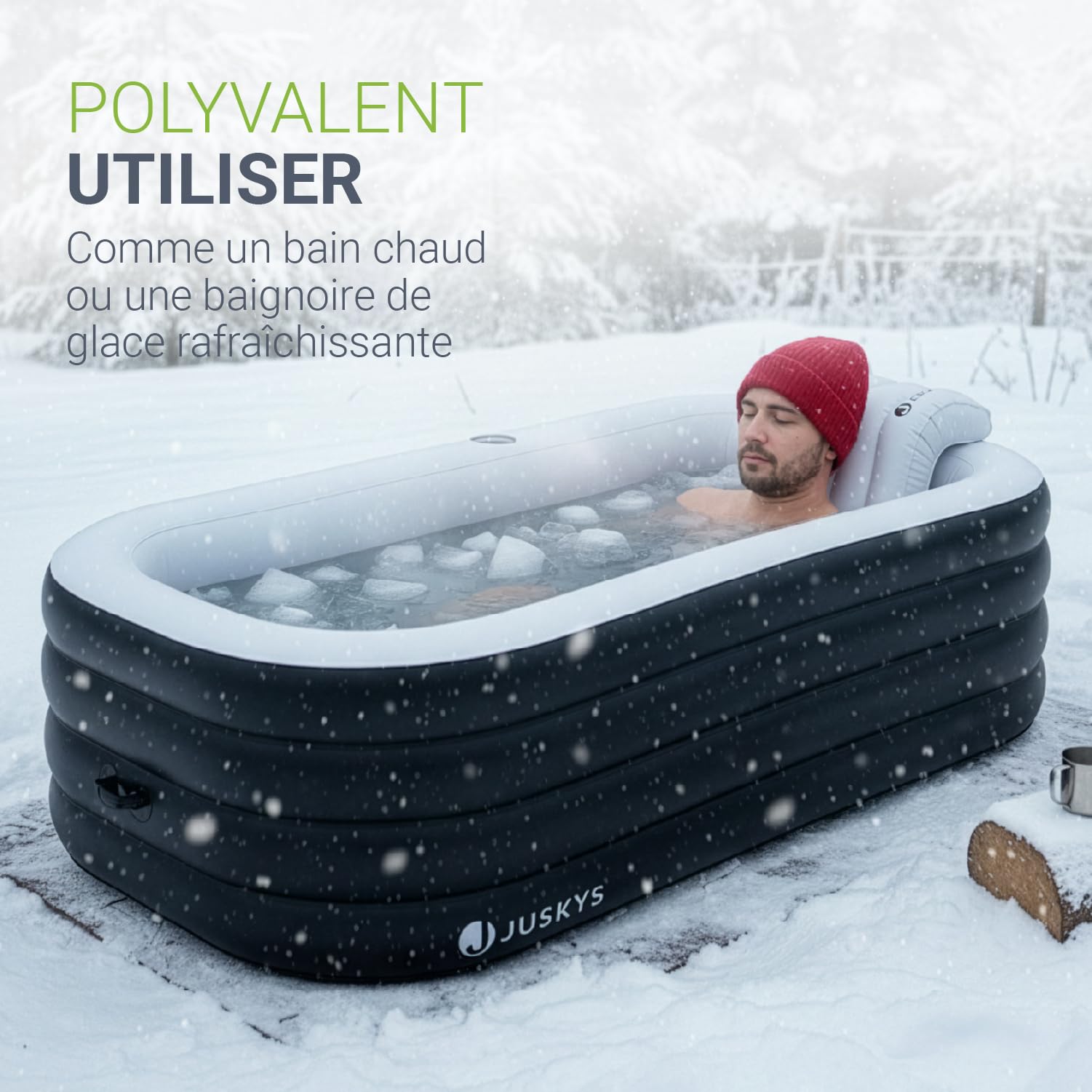 Juskys Baignoire Gonflable L - Baignoire Extérieure pour Adultes, Bassin Pliable et Mobile avec Dossier, Baignoire de Glace avec Couvercle et Pompe