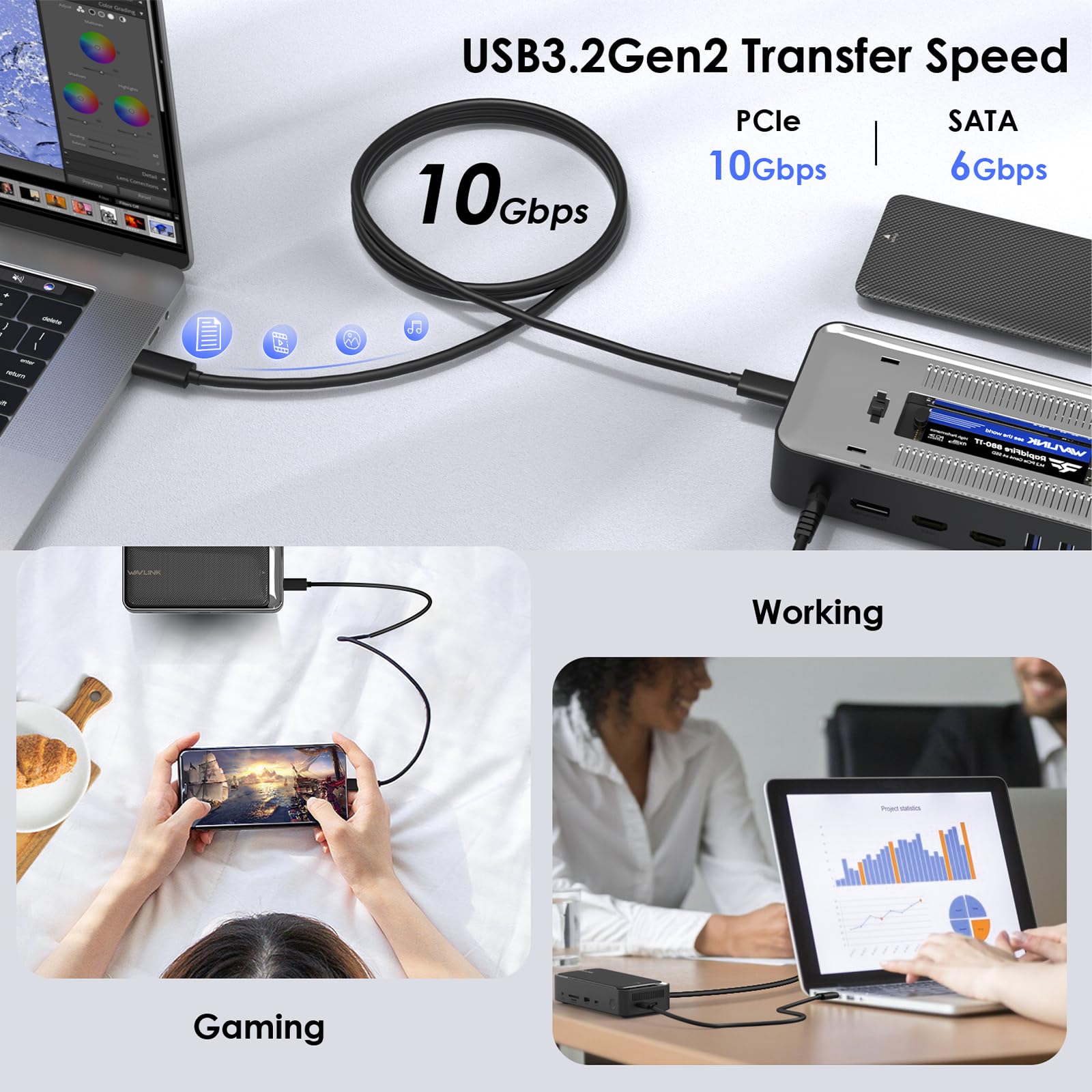 WAVLINK Triple Display Dock, Hub 13-In-1 di tipo C 10Gbps con alloggiamento SSD M.2 PCIe/SATA, supporto 100W PD, 4K@60Hz HDMI/DP, USB C/USB-A Gen 3.2/3.1, SD/TF, Gigabit RJ45 per Windows, Mac OS