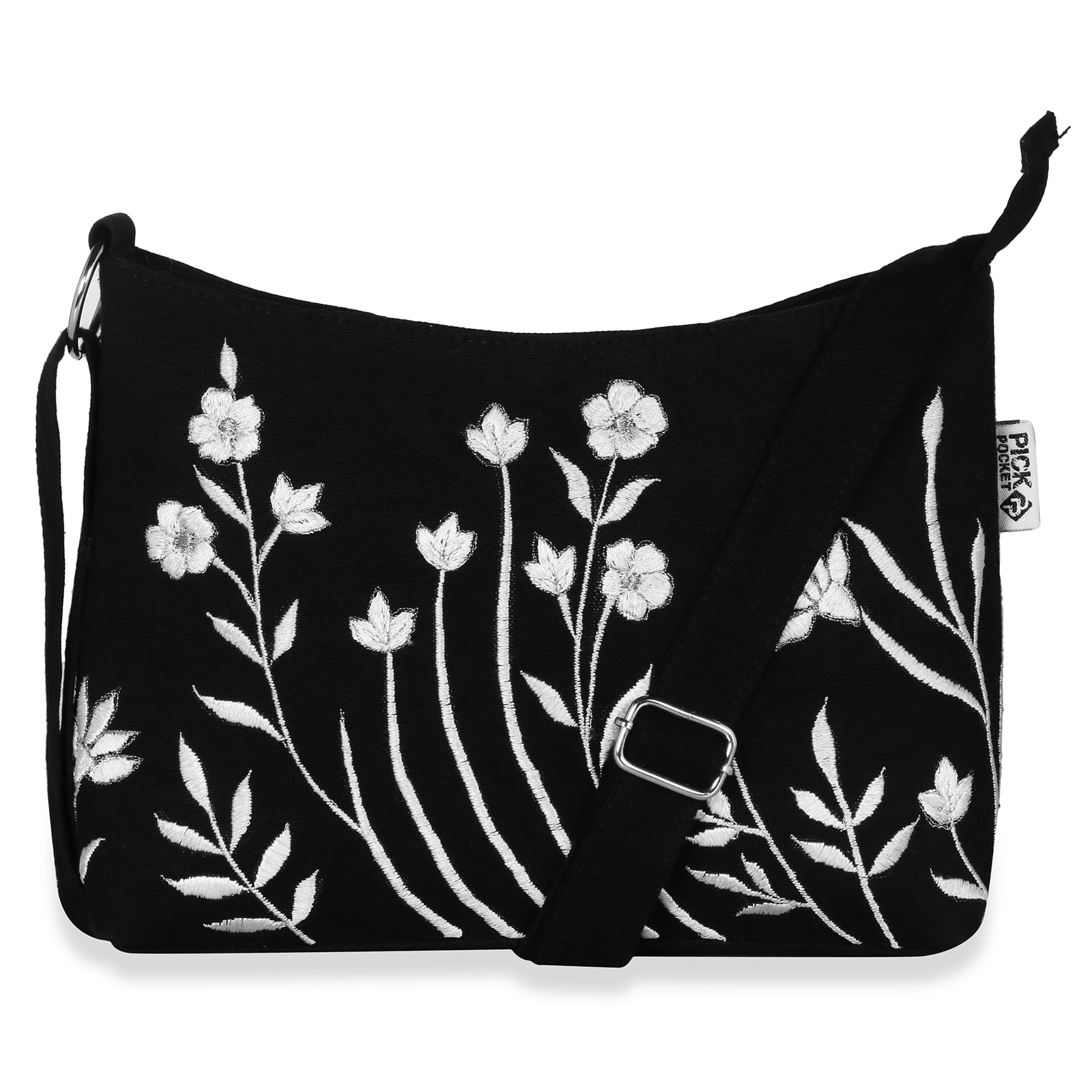 Pick Pocket Black Canvas with White Emboridery Sling Bag (B0CYX4TVGS) Amazon Price History, Amazon Price Tracker