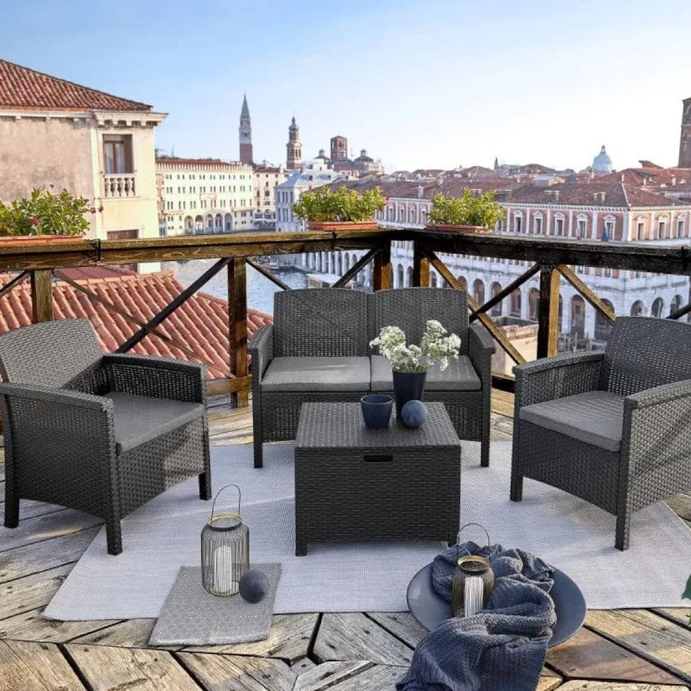 Salotto da Giardino in Resina Effetto Rattan Divano da Due posti con Due poltrone e Un tavolino - Bianco