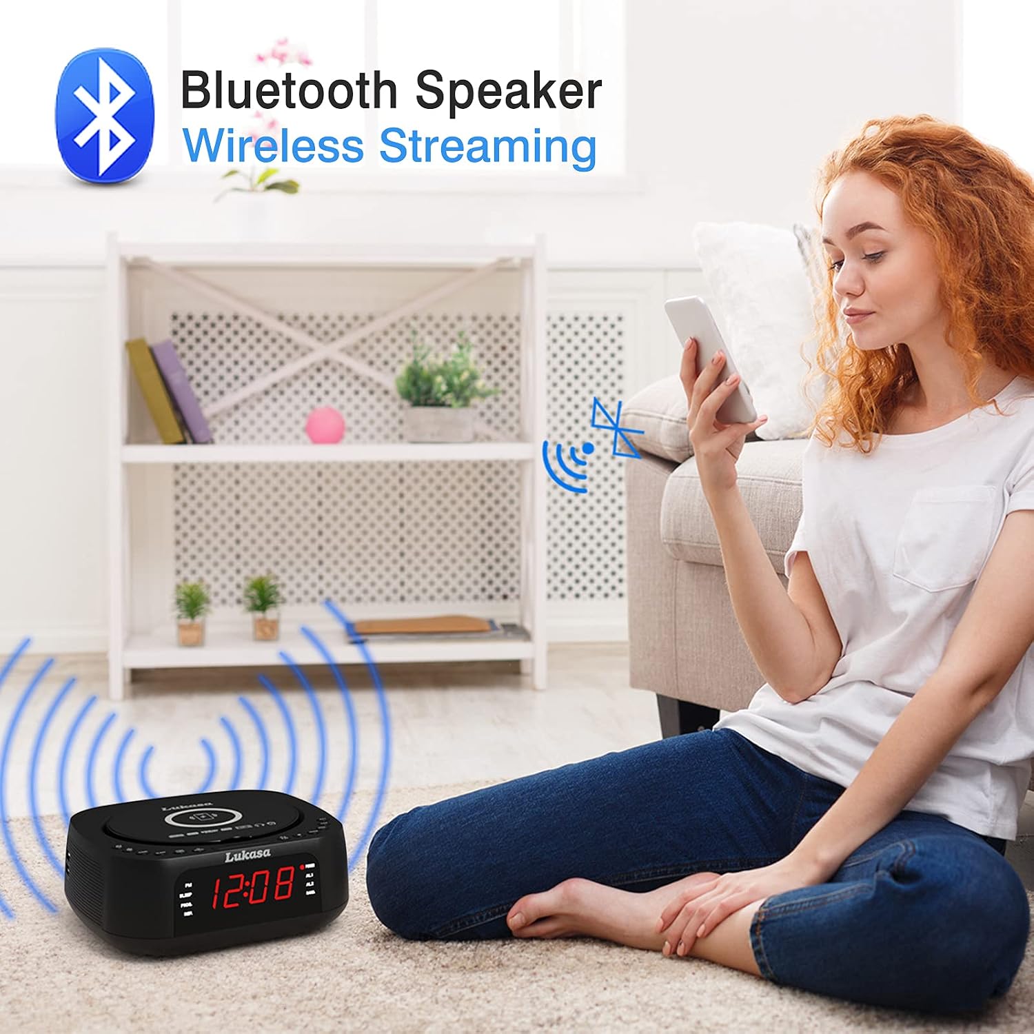 Lukasa CD Player Tabletop Bluetooth Boombox, Qi Wireless Charger,Dual Alarm Clock, Home Digital Top-Loading MP3/USB Music Disc Players FM Radio Snooze & Sleep Timer LCD Display (Black)
