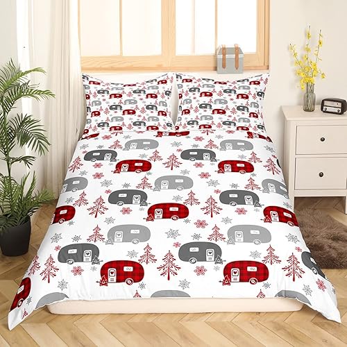 Miniatura 2 de Funda de edredón con temática de campamento para niños, ropa de cama roja con estampado de vehículo de campamento para familia, niños y niñas, funda