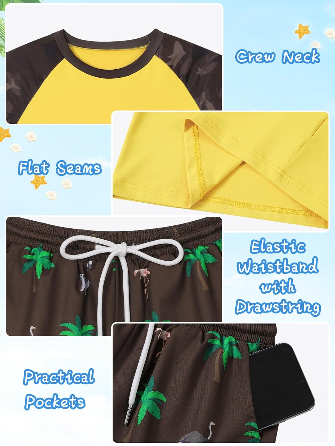 WISREMT Boys Swimsuit Rash Guard Kids 2 Piece Bathing Suit UPF 50+ Short Sleeve Swim Shirt & Trunks with Compression Liner