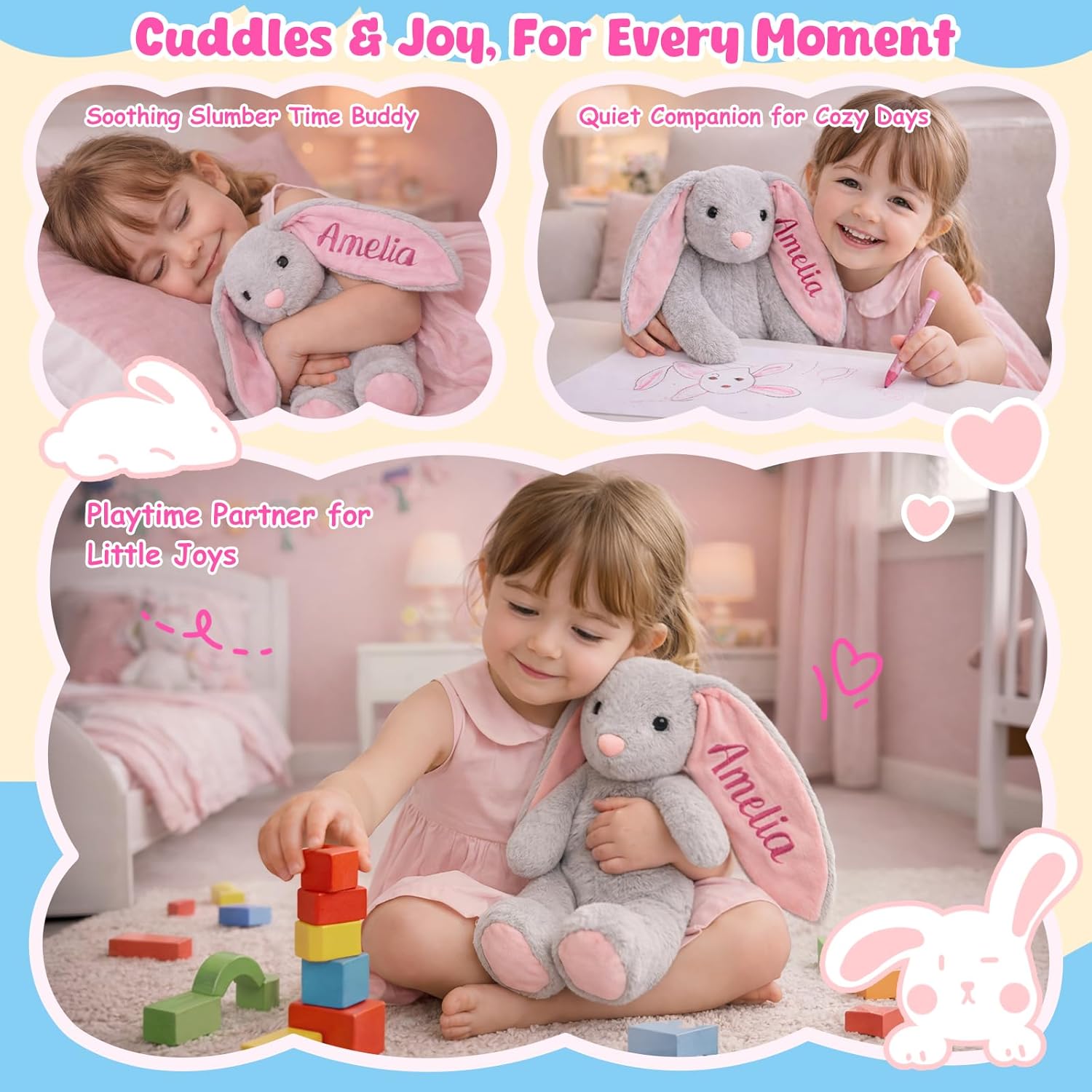 WNNNS Personalized Easter Bunny Plush Toy - Custom Stuffed Bunny with Name Embroidery, Soft Soothing Baby Companion Gift for Easter,Baby Shower,Birthday, Ideal for Baby,Toddlers,Kids.