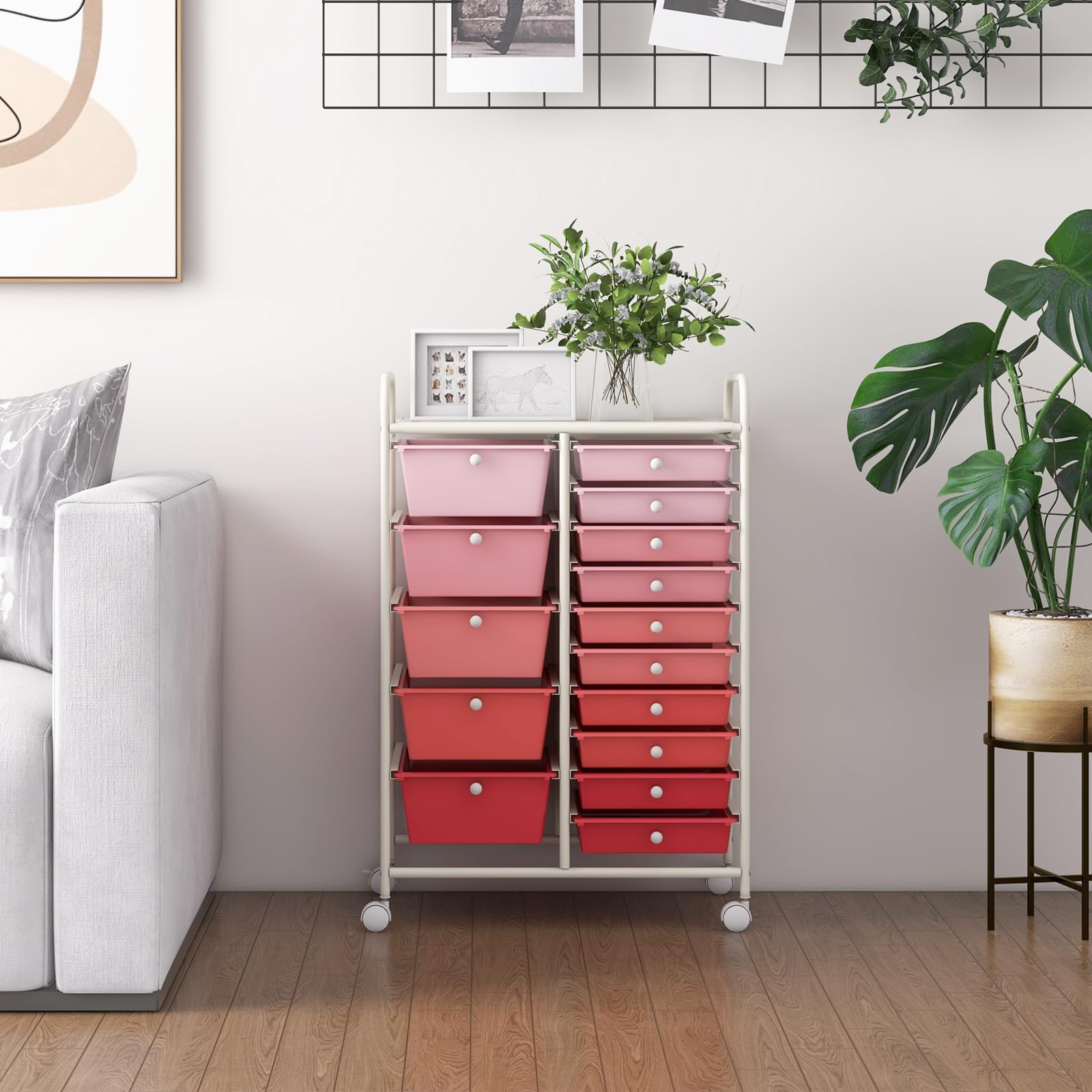 GOPLUS Desserte à roulettes avec 15 Tiroirs en Plastique Coulissant, Cadre Fer Blanc, 63x37x87CM, Chariot de Rangement à roulettes, 2 avec Frein, Poignée Latéral, pour Chambre, Bureau (Rose Dégradé)