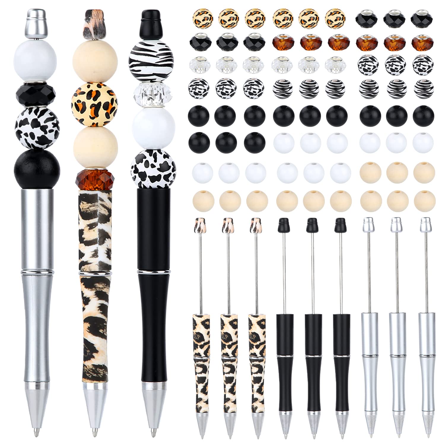 12pcs Beadable Pens, Plastic Beadable Pens Bulk with Beads DIY Ballpoint Pens Assorted Bead Pen Kits for Teachers Students Office School