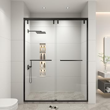 44-48" W x 76" H Shower Door, Framed Bypass Double Sliding Glass Shower Door, 1/4" 6 mm Easy-to-Clean Treated Clear Tempered SGCC Glass, Bathroom DooMatte Black, 44-48" W*76" H