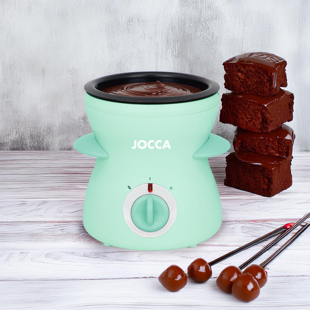 Jocca - Mini fondue eléctrica 350 ml | 2 niveles de temperatura | Recipiente antiadherente extraíble | 4 tenedores incluidos | Color turquesa | Diseño compacto Línea Sweet