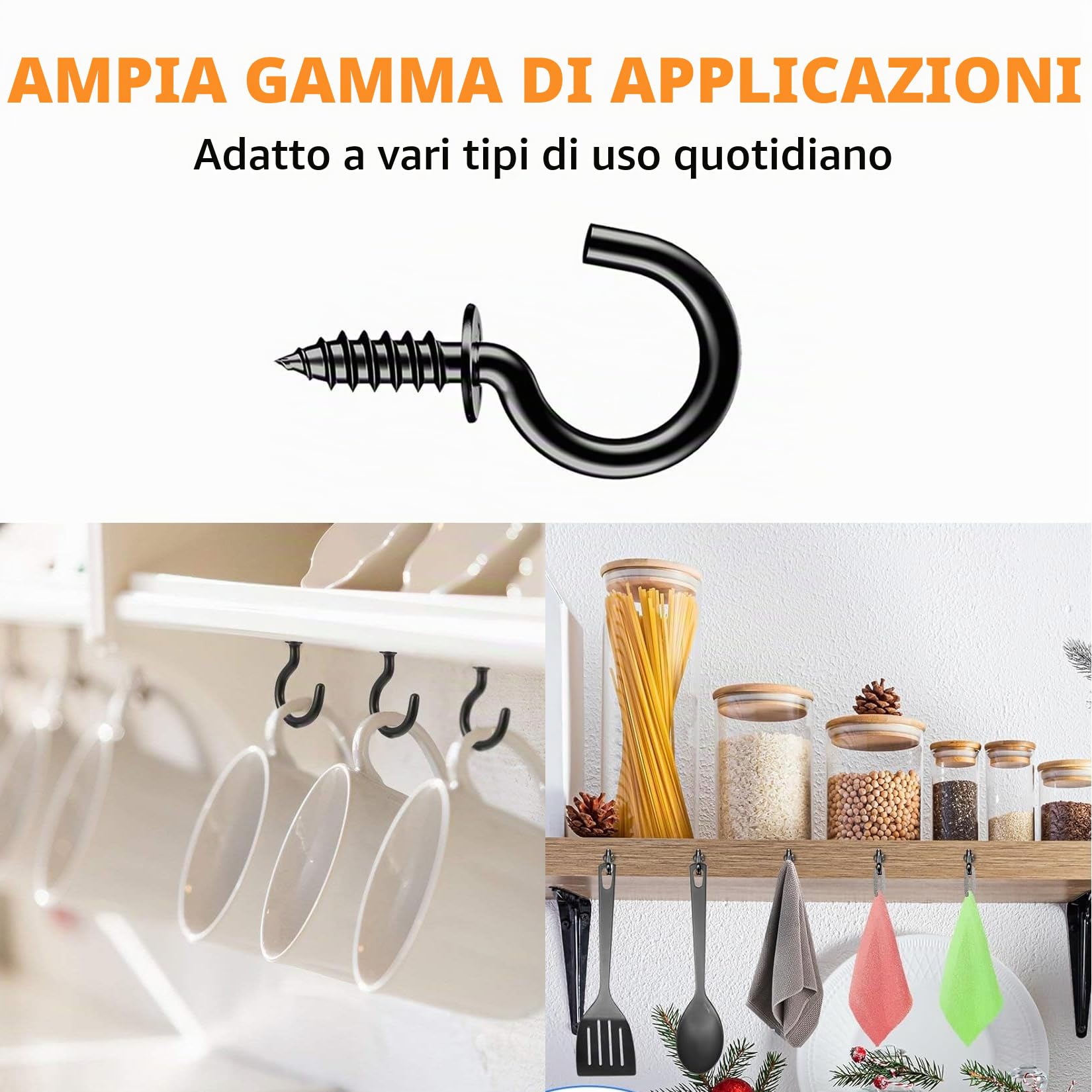 100 ganci a vite neri con occhiello, vite a gancio da 1/2 pollici, per chiavi, piante, decorazioni