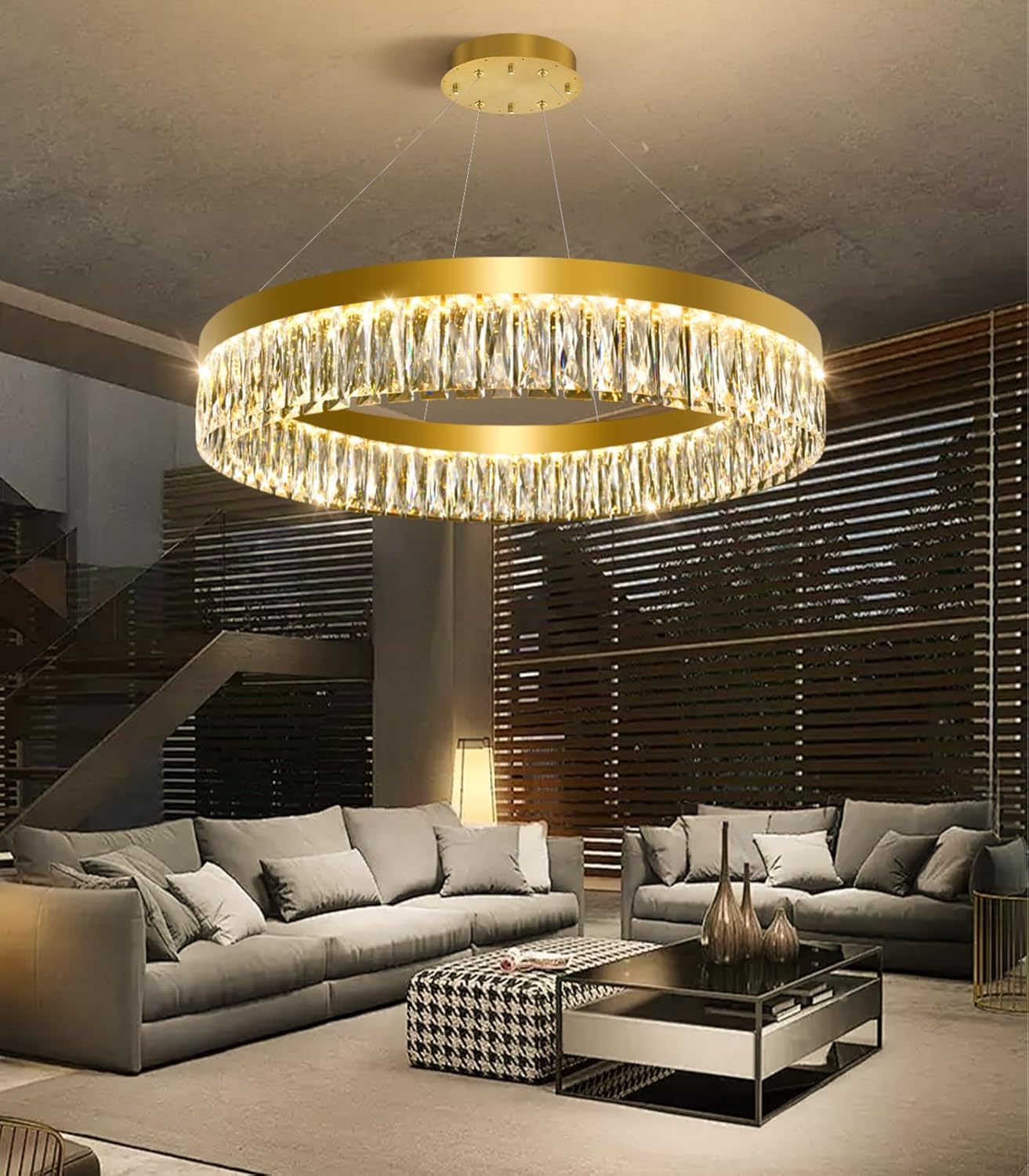 31.5" 1 Ring Modern LED Dimmable Ring Chandelier Adjustable Round Crystal Chandelier for Dining Room Living Room Gold