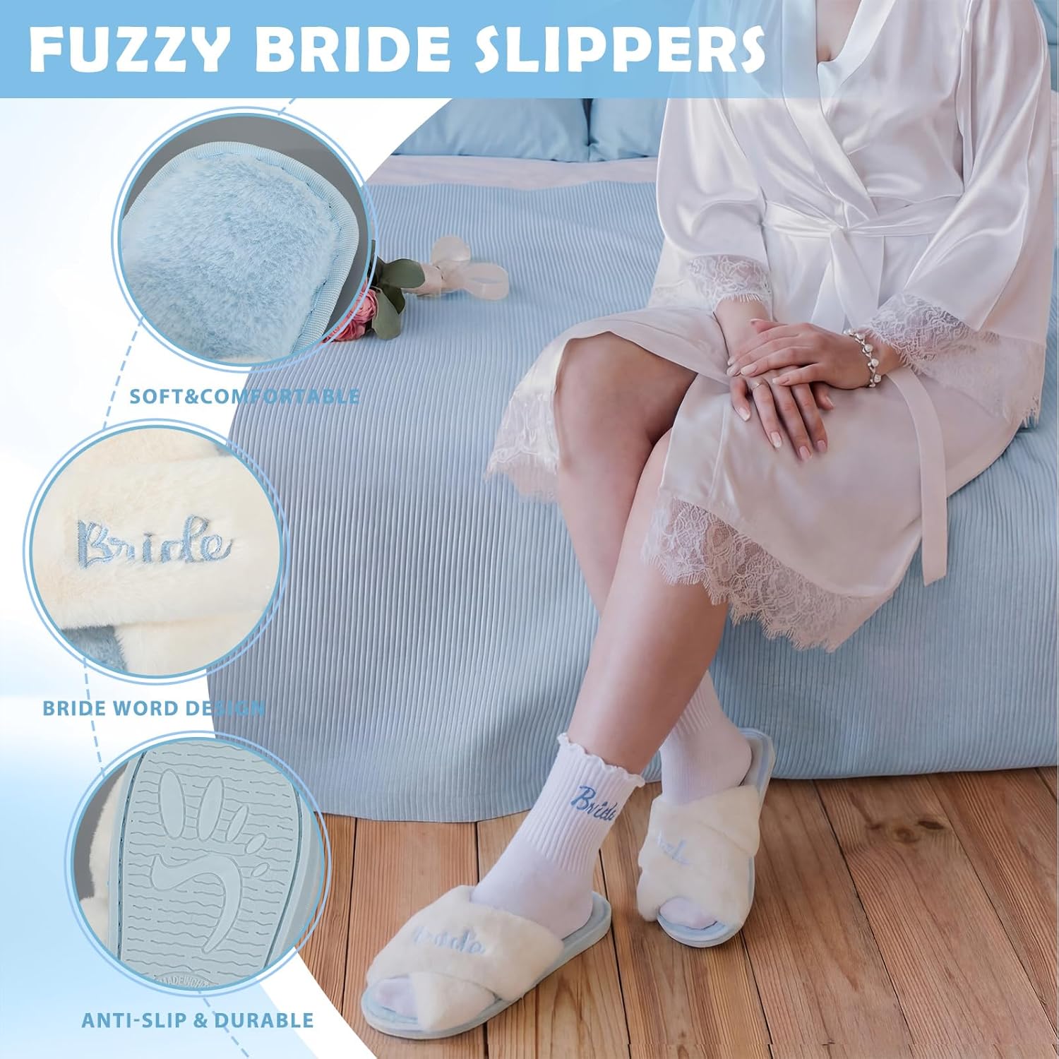 Patelai 7pcs Something Blue Bridal Shower Box Gift Bride to Be Wedding Gift Sets for Women with Bridal Robes Bride Bag Slippers Socks Tumbler Eye Mask Jewelry Box for Bachelorette Wedding