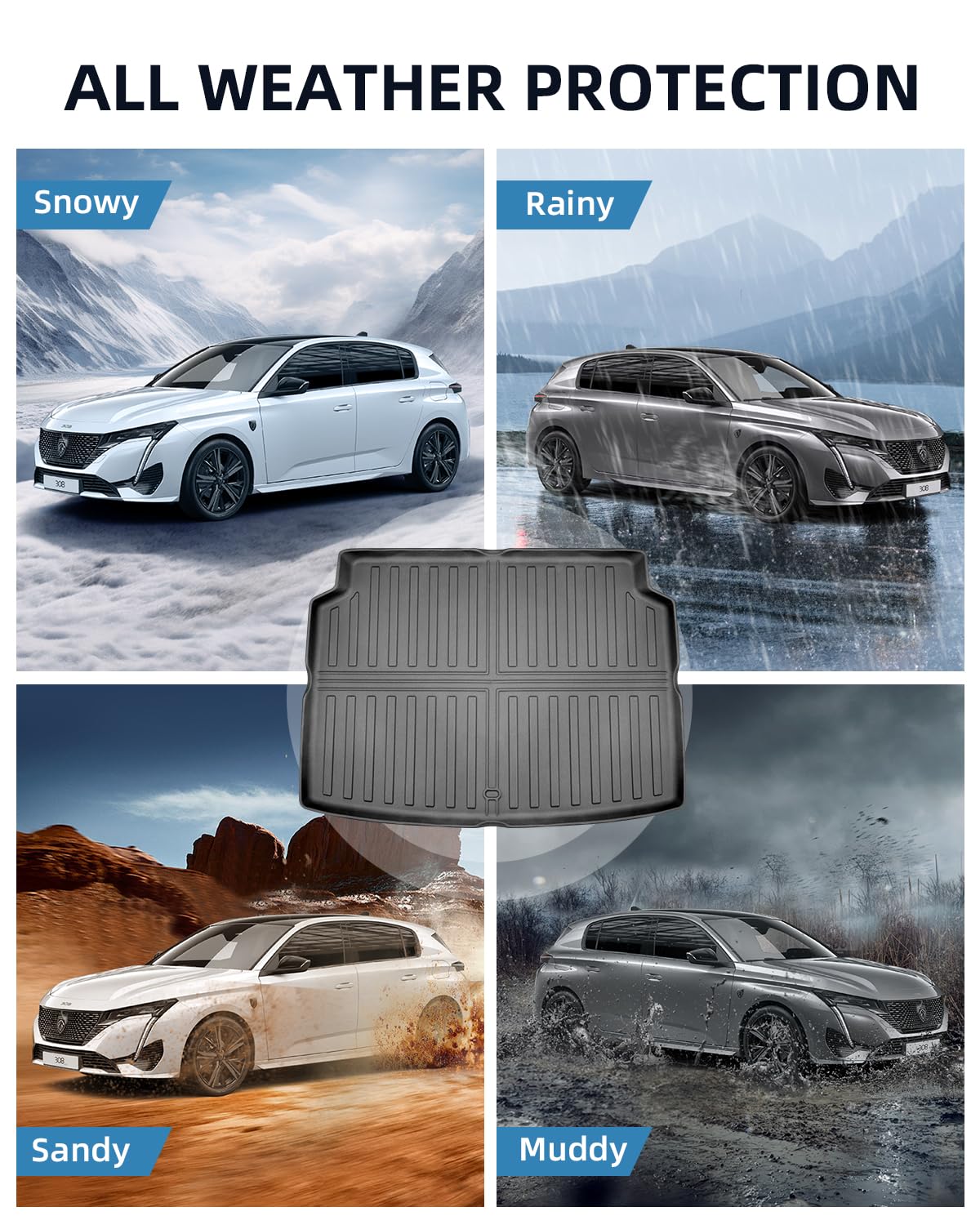 TPE Tappetini per Bagagliaio per Peugeot 308 Hybrid PHEV 2022-2026 | Vasca Baule Originale, Protezione Baule con Bordo Alto, Tappeto Bagagliaio Posteriore, Antiscivolo e Impermeabili Accessori