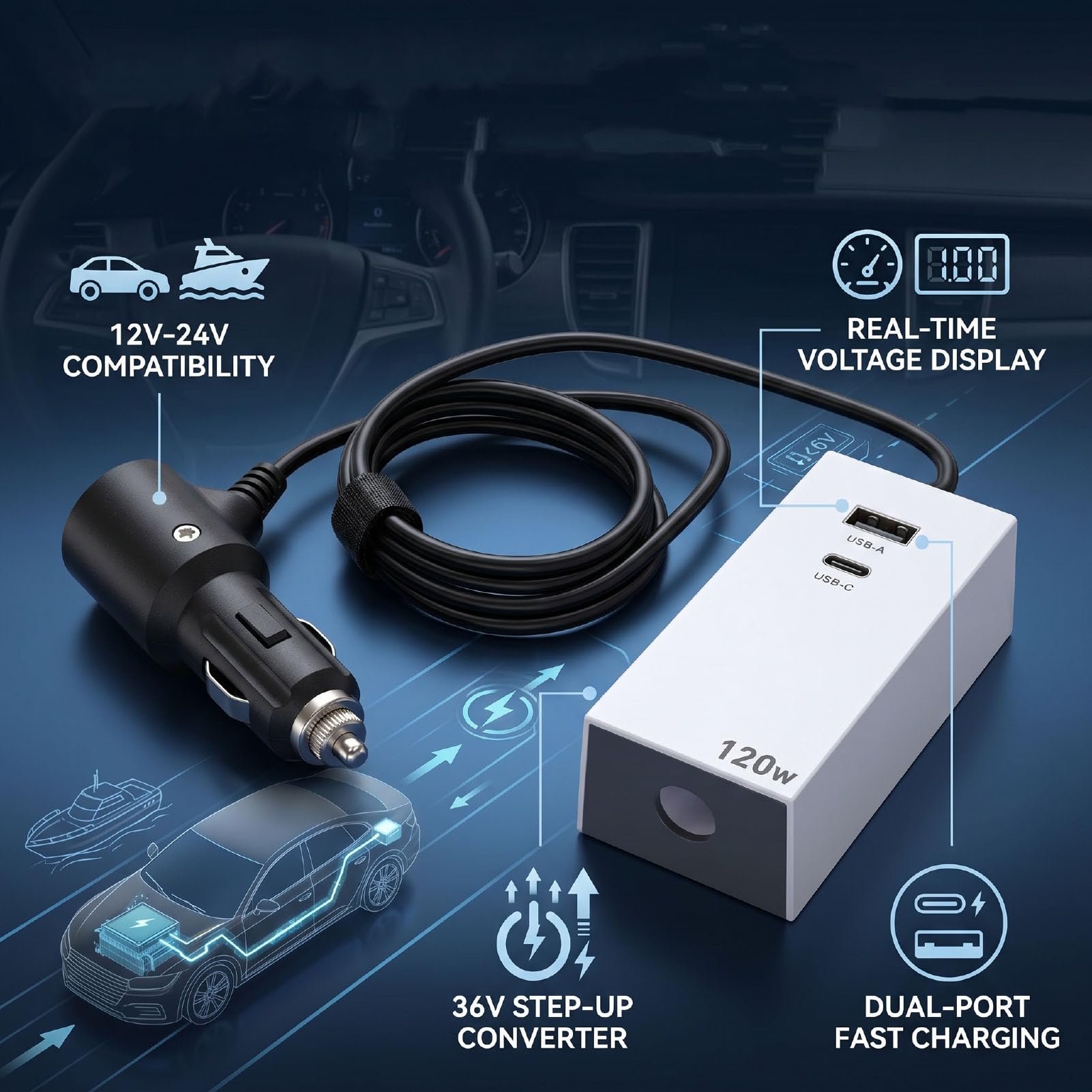 Fafeicy Adaptateur de Voiture Mini Antenne Parabolique 3 Pieds avec Affichage de Tension USB C PD 45W QC 3.0