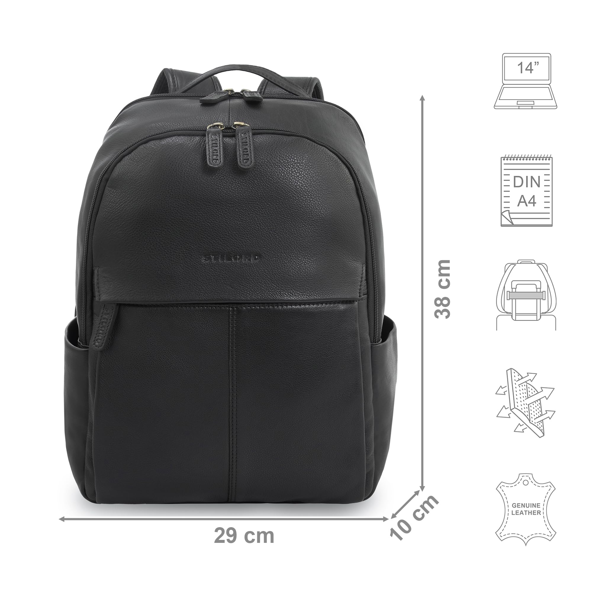 STILORD "Marino" Zaino in Vera Pelle Elegante per Uomo e Donna medie – Zaino da Studente con scomparto per Laptop 13-14 pollici – Ideale come zaino da città elegante Colore:nero