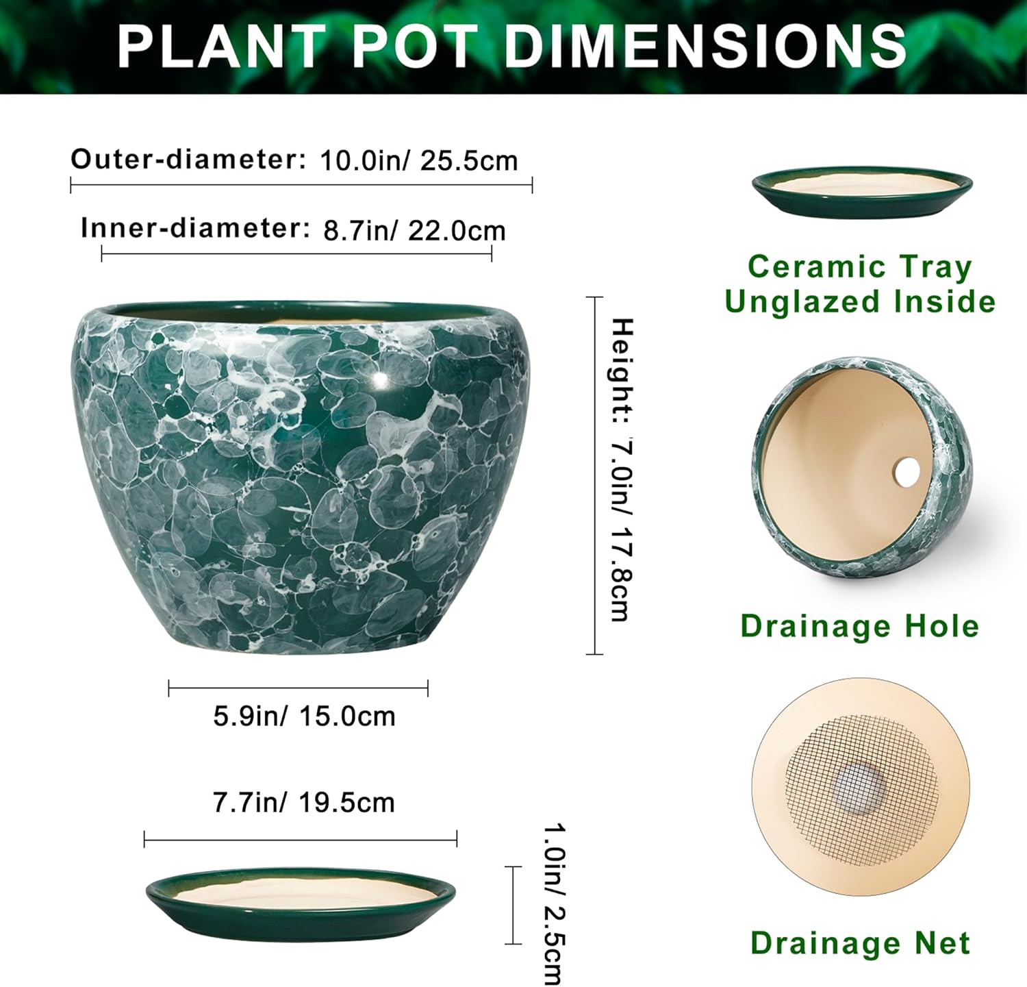 Ceramic Planter - 10 Inch Pots for Plants Indoor Outdoor, Decorative Modern Flower Pots with Drainage Hole and Saucer, Round Large Plant Pot, House Decor, Gifts for Gardeners, Bubble Green