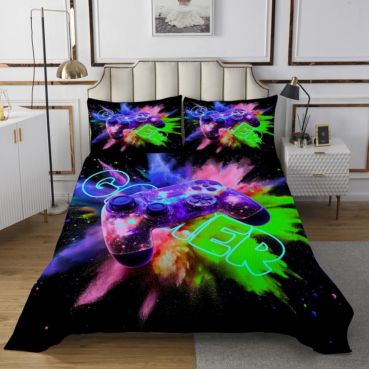 jejeloiu Twin Size Gamer Gaming Bedspread for Kids Boys Girls 3D Gamepad Pattern Coverlet Set Purple Pink Green Games Console Quilted Coverlet Bedroom Decor Soft Microfiber 2Pcs