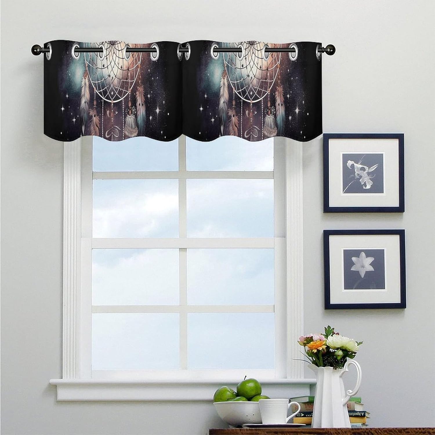 Dream Catcher and Stars Valance for Windows, 2 Pack Kitchen Curtains Modern Home Decor, Soft Blackout Window Curtains for Living Room & Bedroom, 18 X 52 Inch