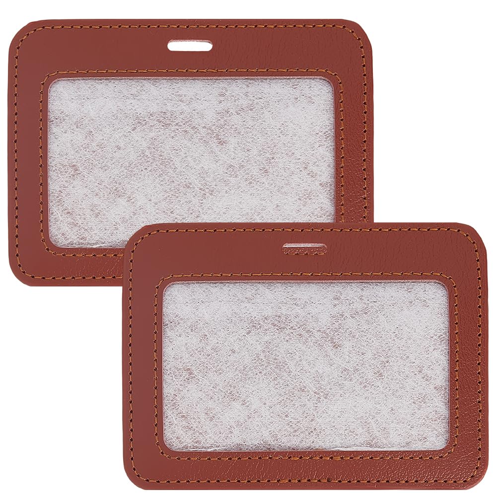 CALFOVERA 2PCS Sided PU Leather ID Card Case Horizontal Badge Holder Brown Waterproof Leather Photocard Protector Name Badge Pouch with Clear Window for Office Staff Students School Driver's Licenses