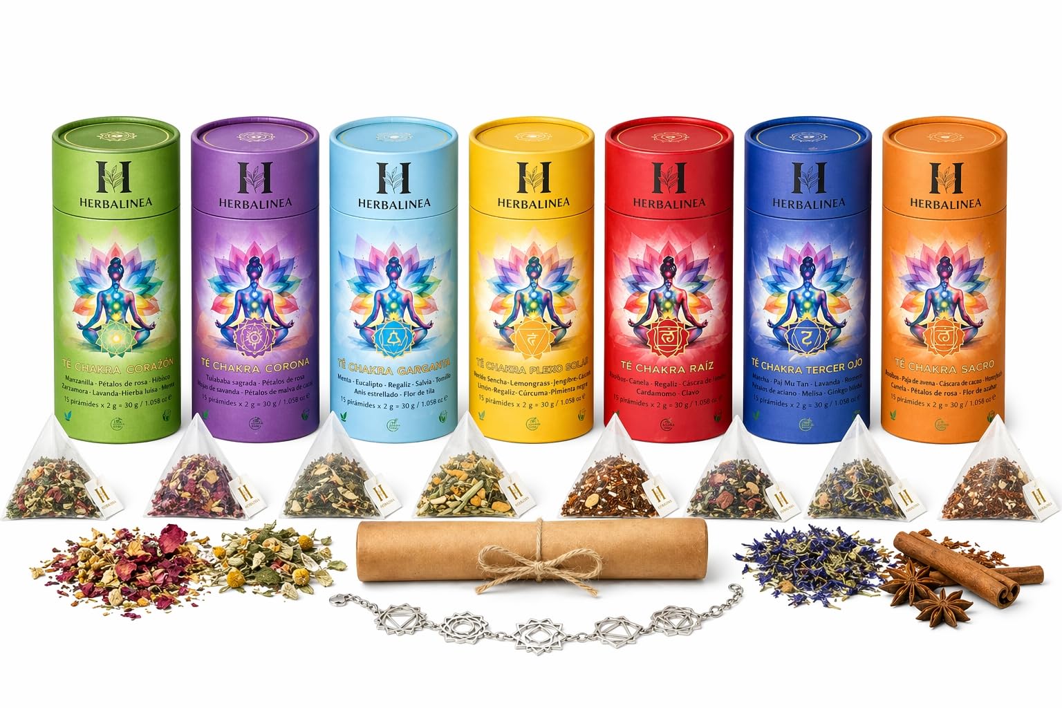 HERBALINEA Ritual Completo 7 Chakras – Pack Premium 7 Infusiones Ecológicas en Pirámides (15 por Chakra) | Incluye Pulsera y Pergamino Ritual | Bienestar Espiritual y Regalo Original