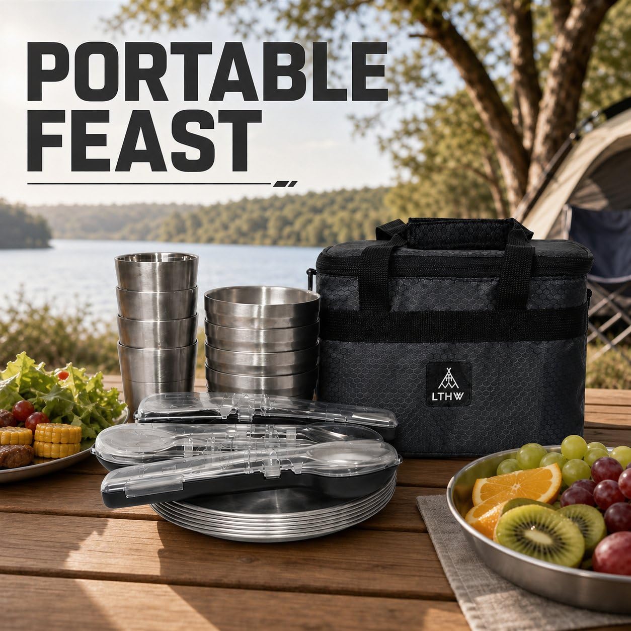 Vajilla Camping Acero Inoxidable 304, Kit Cocina Portátil para 3-4, Set Cubiertos Reutilizables para Picnic, Bolsa Nevera Oxford