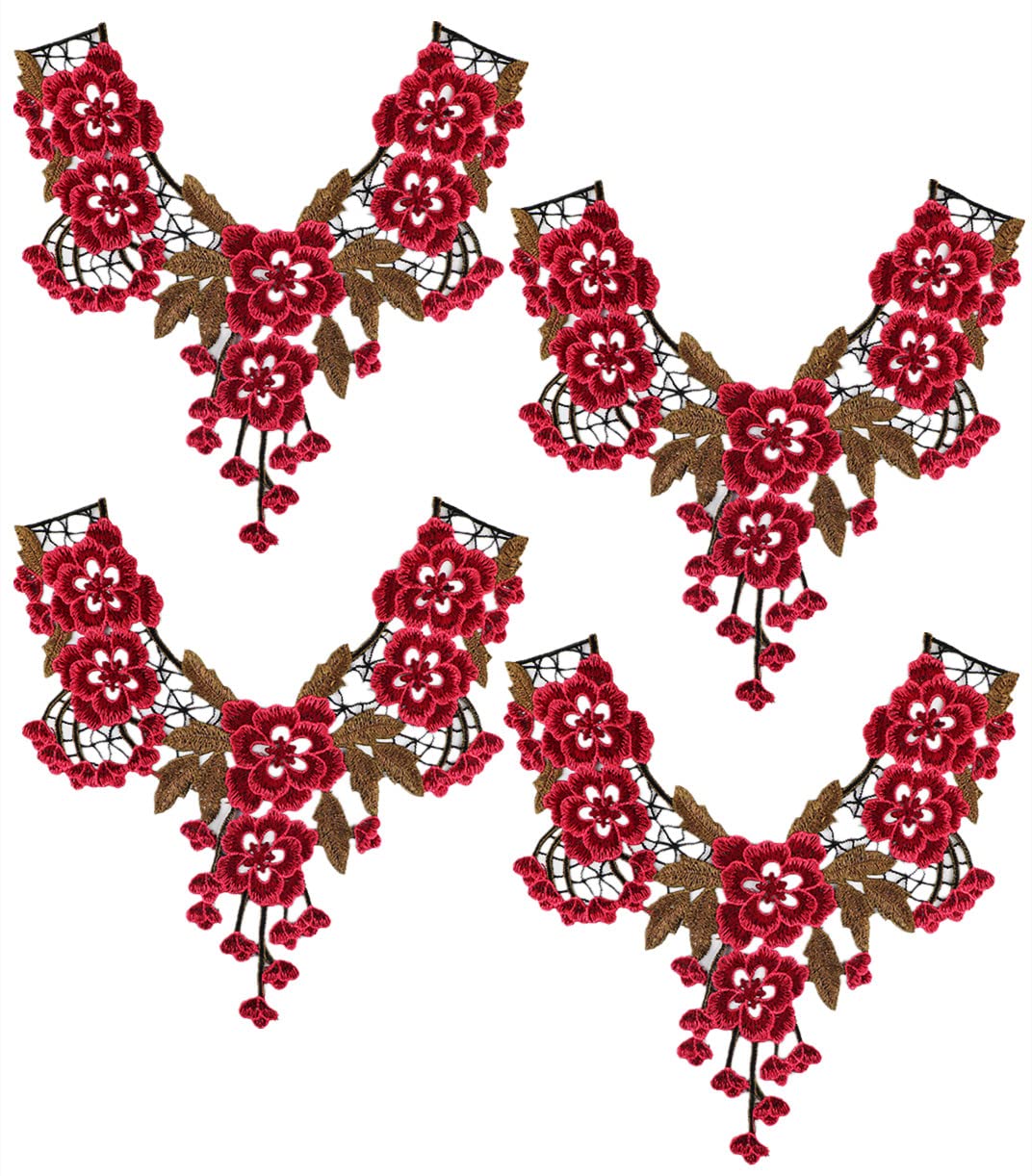 Applikationen für Kleidung, 4er-Pack bestickte Ausschnitt-Applikationen mit Blumenmuster(Burgundy)