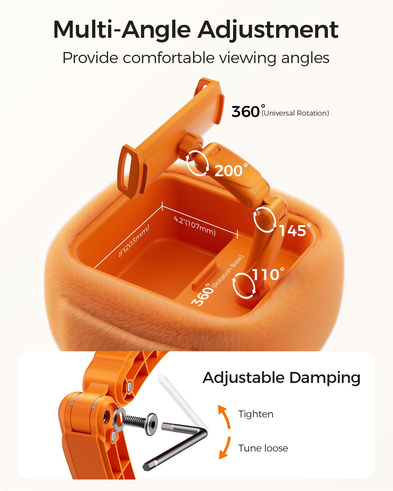 LULULOOK Support Kindle avec 2 Poches, réglable, avec Bras pivotant magnétique, Support Universel pour Tablette avec Plateau à collation Amovible, pour Tous Les appareils de 4,7 à 16 ", Orange
