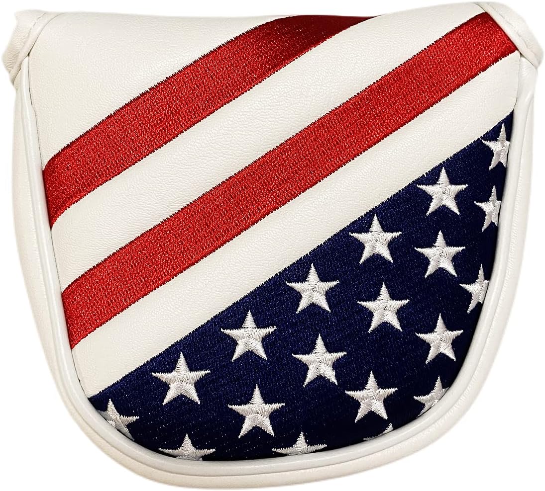 Embroidery Stars & Stripes Center Shafted Golf Mallet Putter Cover Magnetic Mallet Putter Head Cover Club Protective Case, Red White Blue Mallet Putter Headcover