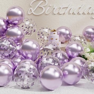 SUWEN Metallic Lavender and Confetti Balloons Set 47PCS Light Purple Latex