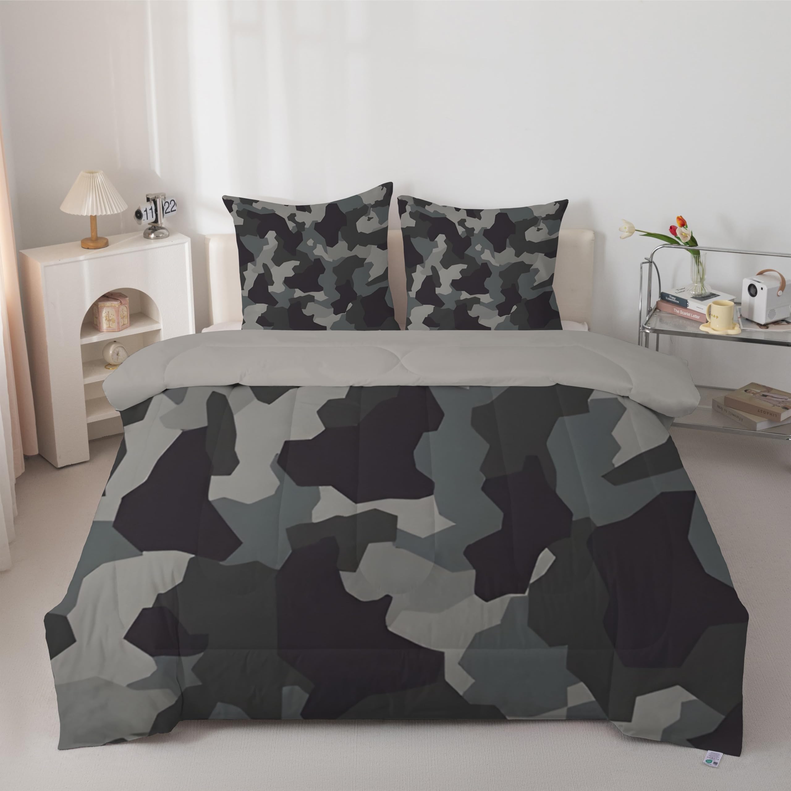 dyausi Edredón de camuflaje 135 x 200 cm – Negro Gris Edredón sin funda – Edredón reversible – 4 estaciones edredón 135 x 200 cm con 2 fundas de almohada – camuflaje militar D4