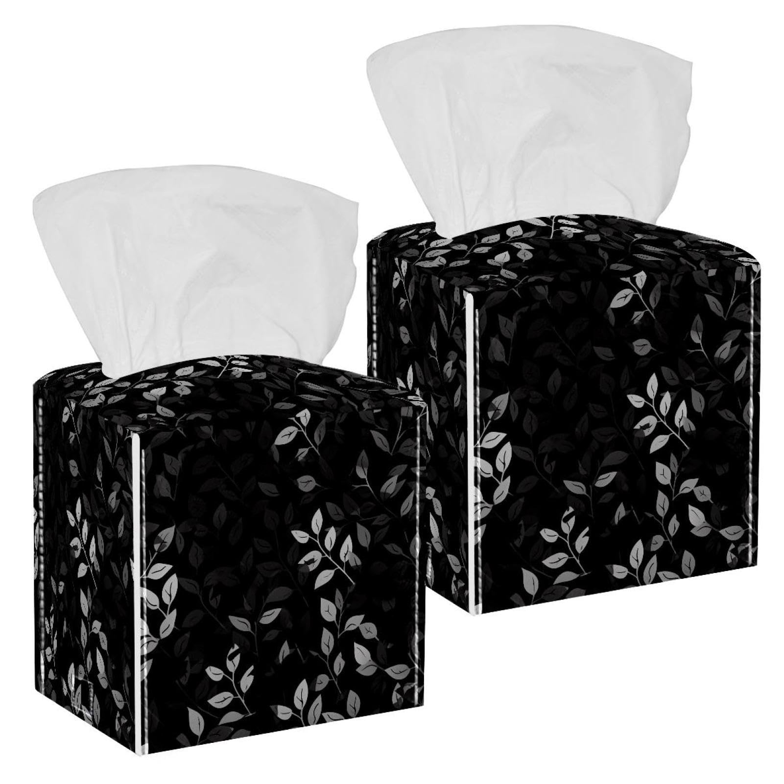 Artistic Leaves Tissue Box Cover, 2 Pack PU Leather Square Facial Tissue Dispenser Box holder for Home Office Car