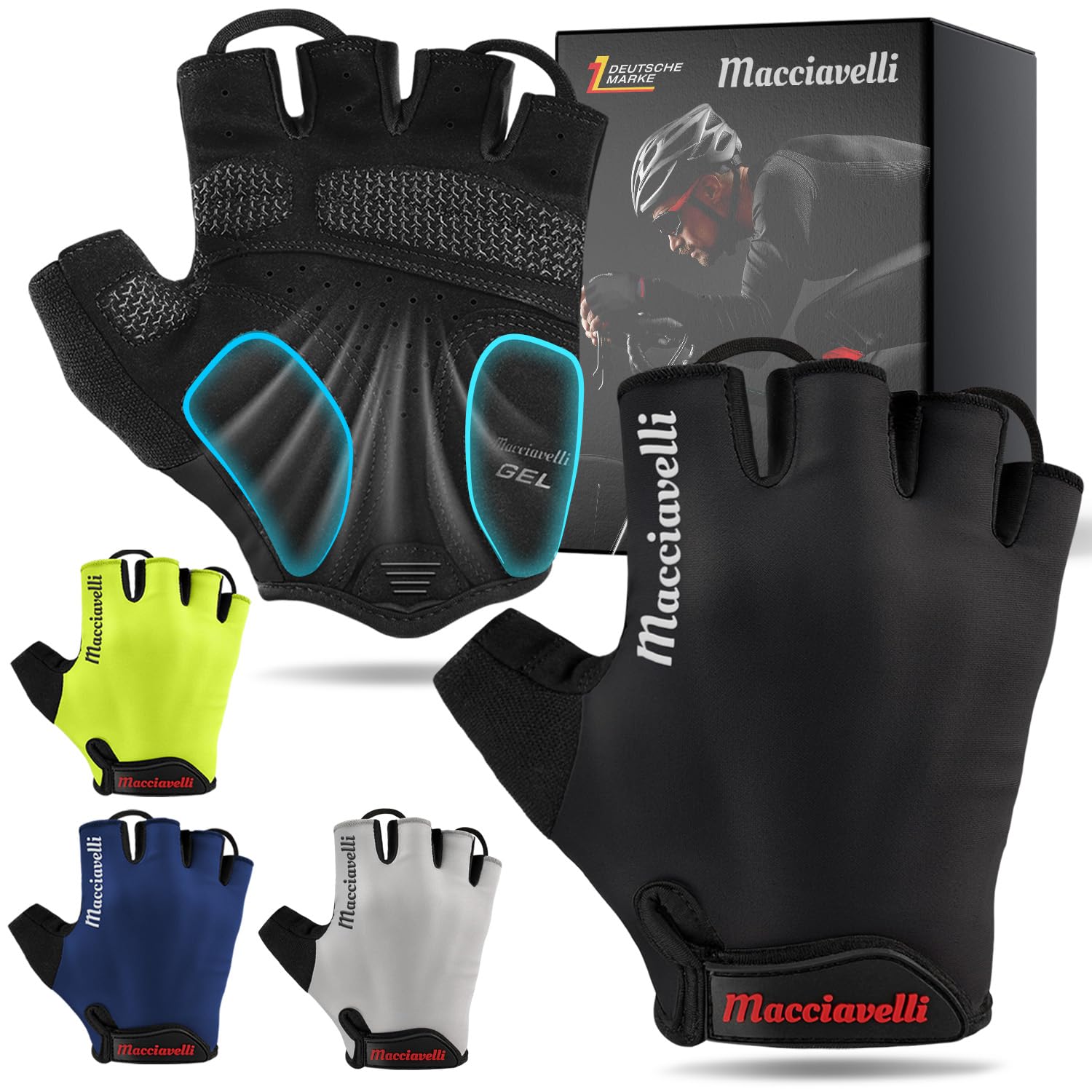 MACCIAVELLI - Guantes de ciclismo para hombre | acolchados, transpirables, seguros | Guantes de ciclismo MTB para hombre y mujer | Guantes de ciclismo sin dedos con inserciones de gel - Ideal para MTB