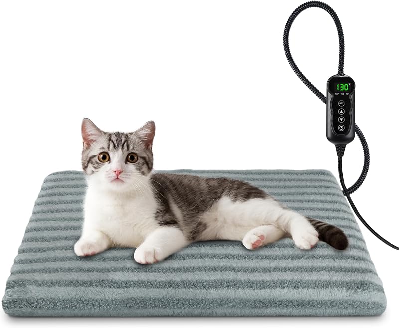SHU UFANRO Pet Heating Pad, Waterproof Heated Cat Bed with 11 Adjustable Temperatures & 24H Timer, Auto Shut-Off, Chew-Resistant Cord, Washable Cover, Indoor Electric Heating Mat, Grey, S(18" x 16")