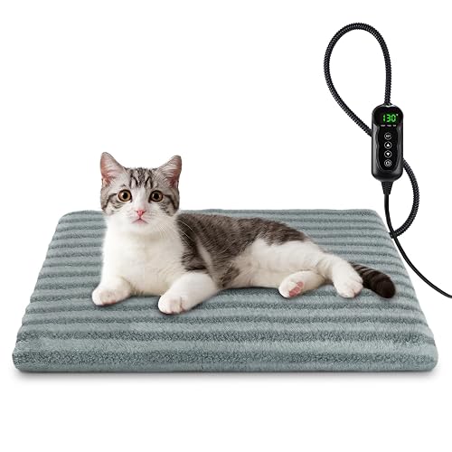 SHU UFANRO Pet Heating Pad, Waterproof Heated Cat Bed with 11 Adjustable Temperatures & 24H Timer, Auto Shut-Off, Chew-Resistant Cord, Washable Cover, Indoor Electric Heating Mat, Grey, S(18" x 16")